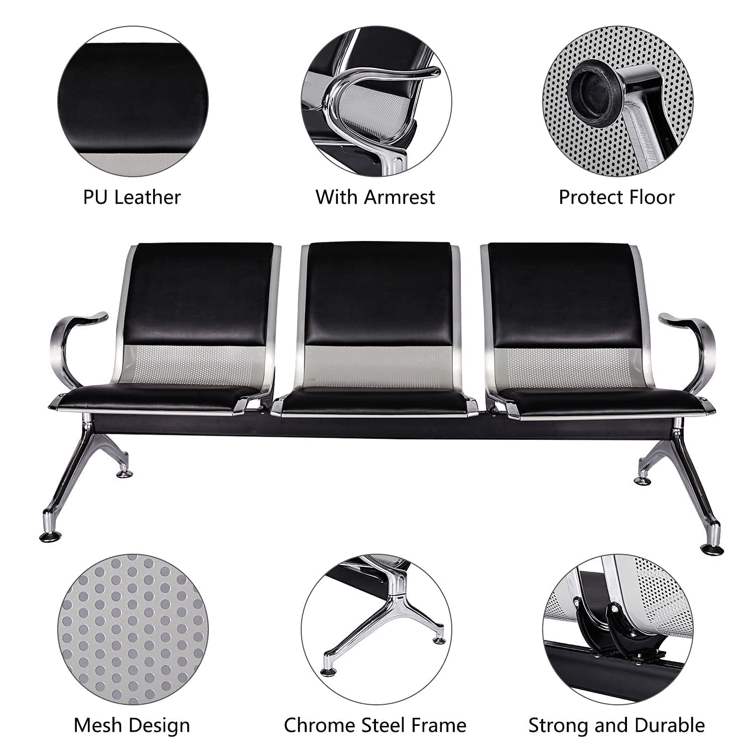 Kinfant Waiting Room Chairs with Arms - Durable Reception Benches for Airport, Hospital, Bank, School & Lobby | Comfortable Guest Seating for High-Traffic Areas | Black