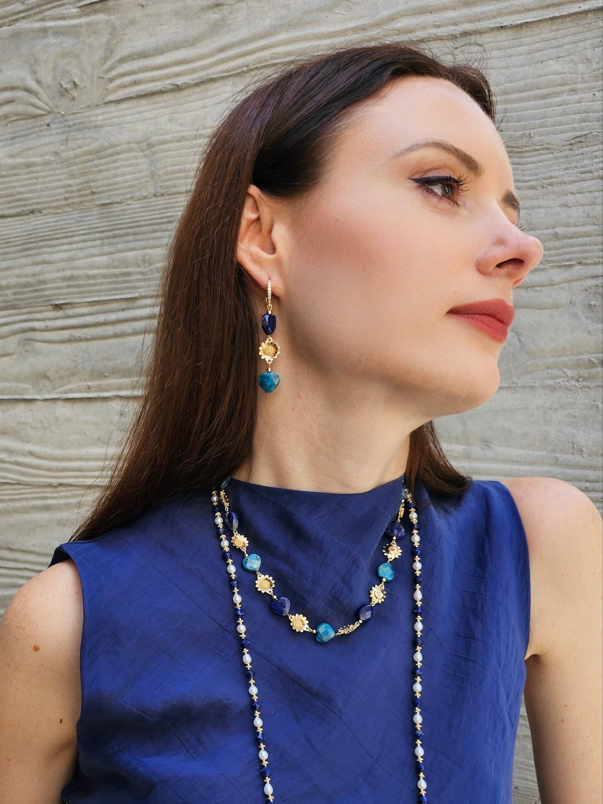 Lapis Lazuli & Apatite Heart-Shaped Floral Dangle Earrings for Women | Handmade Bohemian Jewelry | Perfect for Weddings, Date Nights & Special Occasions
