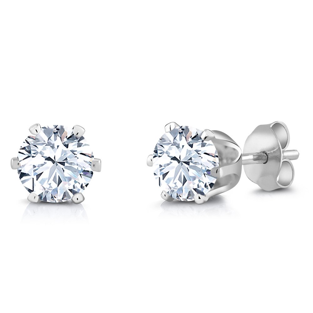 Gem Stone King White Zirconia Rhodium Plated Stud Earrings for Women & Men | 1.68 CTTW | Round 6MM Gemstone Birthstone Jewelry | Perfect Gift for Anniversary, Birthday & Everyday Wear