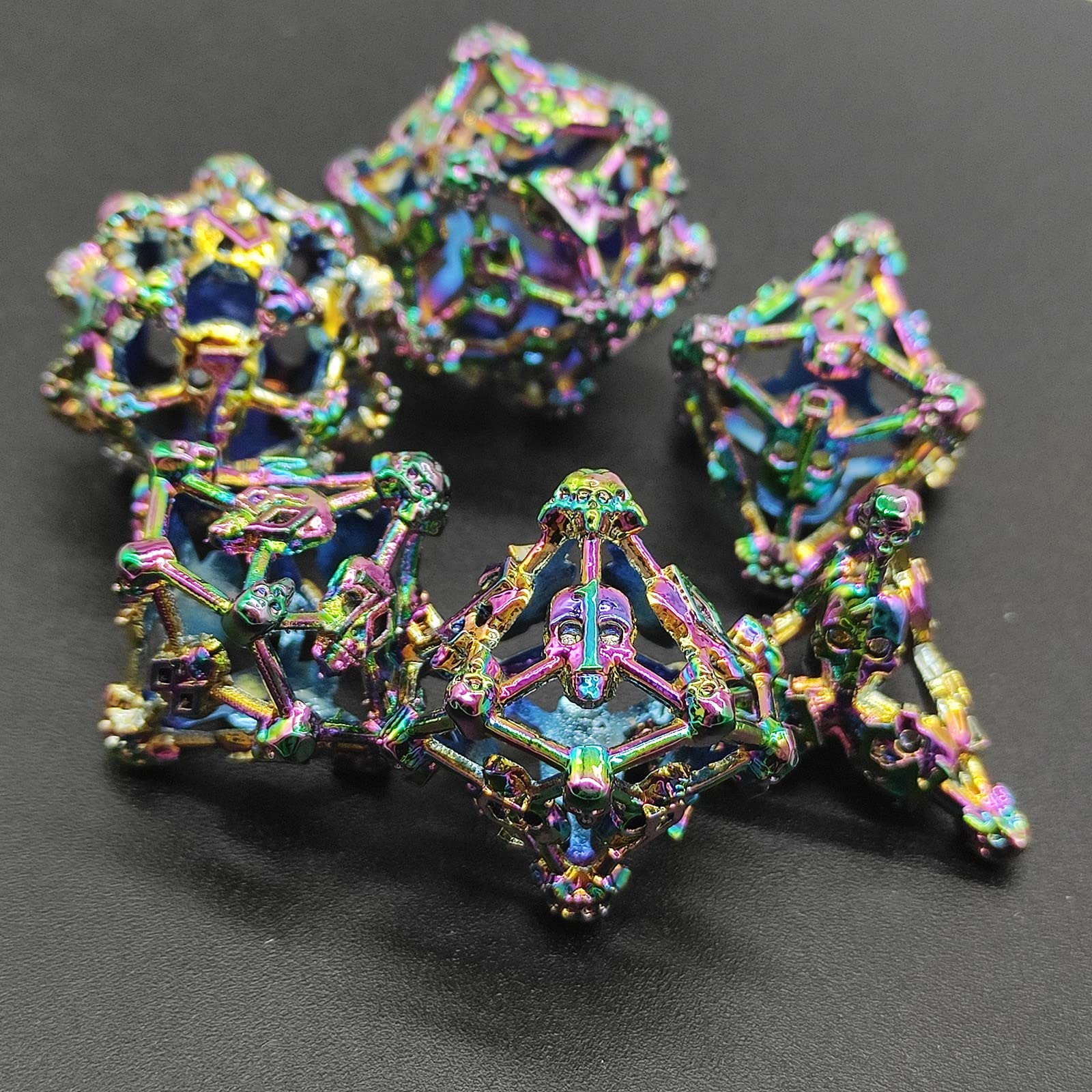 7-Piece Hollow Metal Dice Set - Skull & Bones Design for D&D, Dungeons and Dragons - Bronze Chrome Plated D4 D6 D8 D10 D20 RPG Gaming Accessories - Perfect for Tabletop Games, Gift for Gamers & Collectors