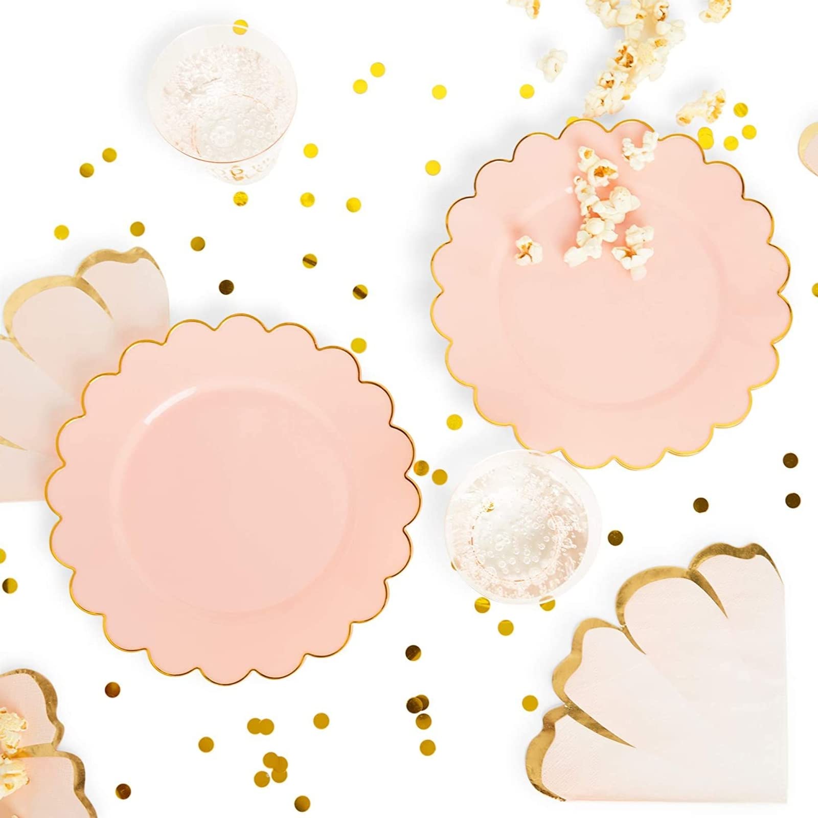 50 Pack Pink and Gold Plastic Plates - 9 Inch Scalloped Edge Disposable Plates with Elegant Gold Rim for Birthday Party, Baby Shower, Bridal Shower, Wedding, Anniversary & Holiday Celebrations