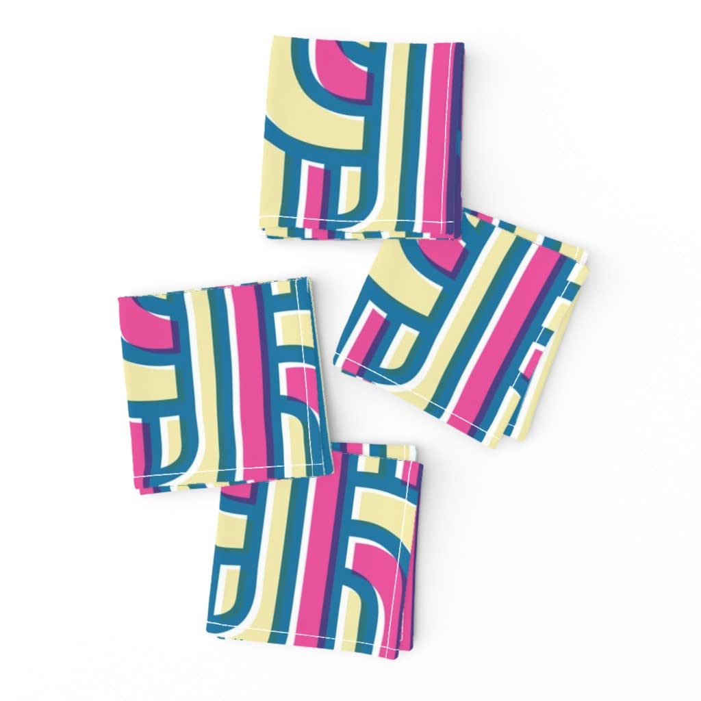 Art Deco Retro Geometric Abstract Printed Linen Cotton Canvas Cocktail Napkins (Set of 4) - Fluor Pink Blue Yellow Design for Home Bar, Party & Dining Decor