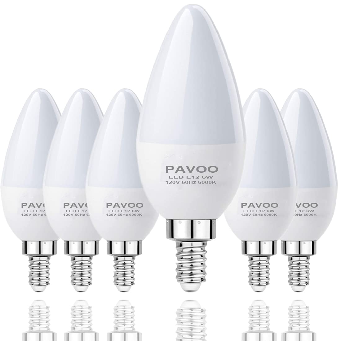 E12 Candelabra LED Bulbs 60W Equivalent, 6000K Daylight White, 6W Energy Efficient, 600 Lumens - Pack of 6 for Chandeliers, Ceiling Fans, and Decorative Lighting