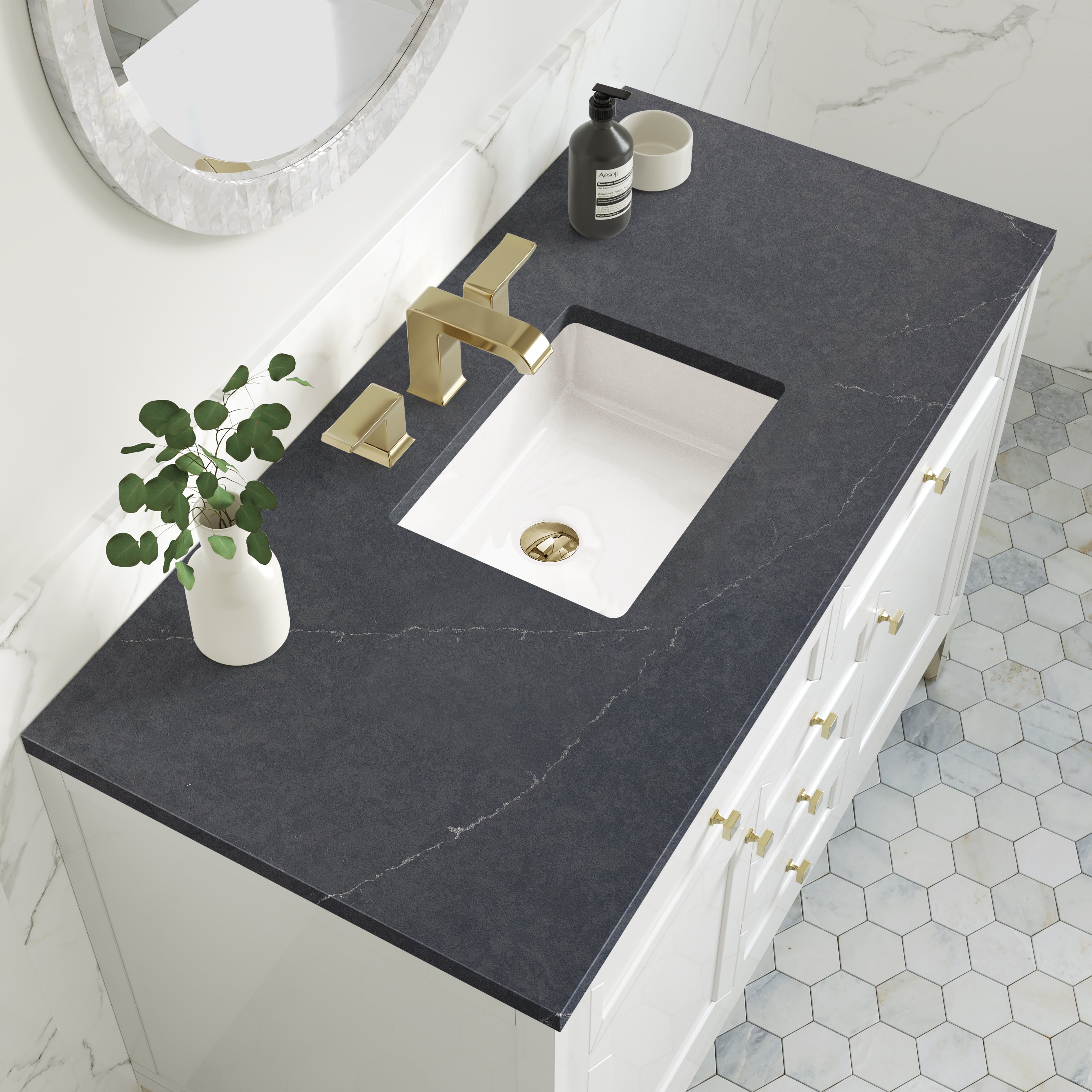 Chicago 48 Inch Single Bathroom Vanity with Glossy White Finish & 3CM Charcoal Soapstone Top - Perfect for Modern Master Bathrooms and Powder Rooms