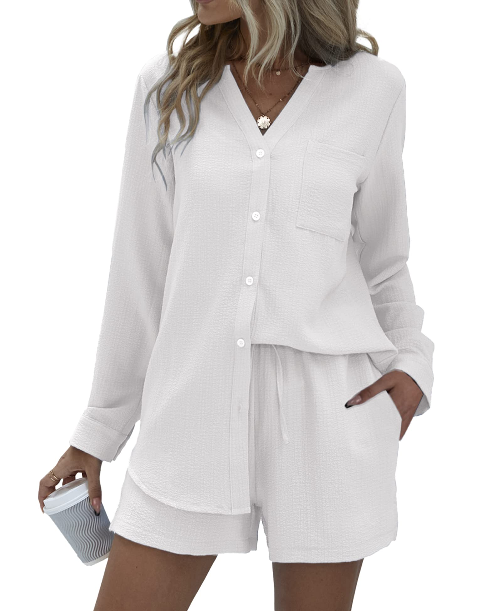 Ekouaer Women's 2-Piece Summer Lounge Set - V-Neck Button Down Shirt & Shorts with Pockets | Comfortable Loungewear for Home, Vacation & Casual Outings