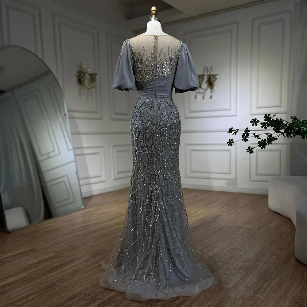Serene Hill Silver Nude Luxury Mermaid Beaded Evening Dress with Puffy Sleeves - Elegant Women's Party Gown LA70809 | Perfect for Galas, Weddings & Formal Events