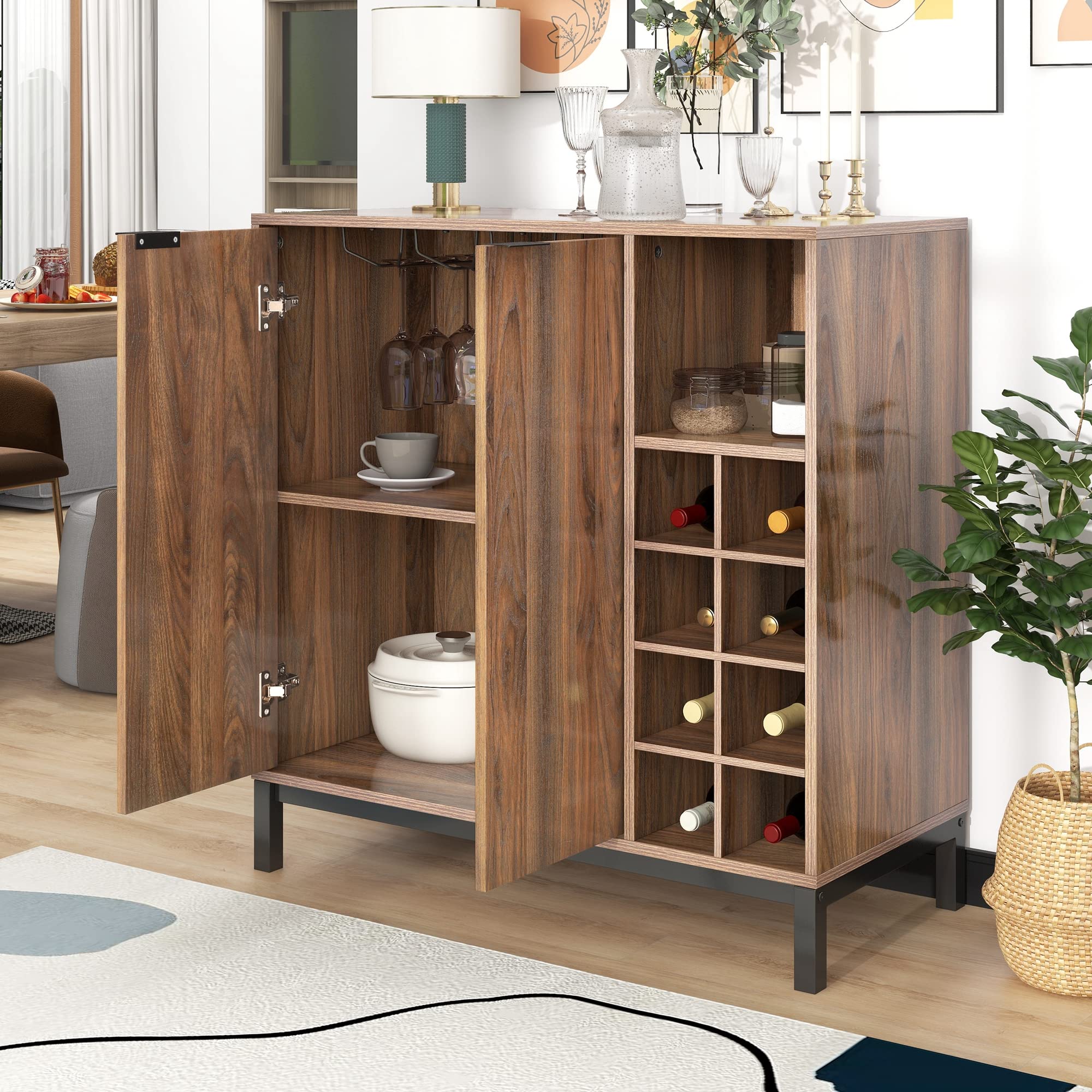 Stylish Sideboard Buffet Cabinet with Storage - Coffee Bar & Wine Rack Organizer for Entryway, Living Room, Dining Room | Brown Finish | Perfect for Home Entertaining & Space Saving