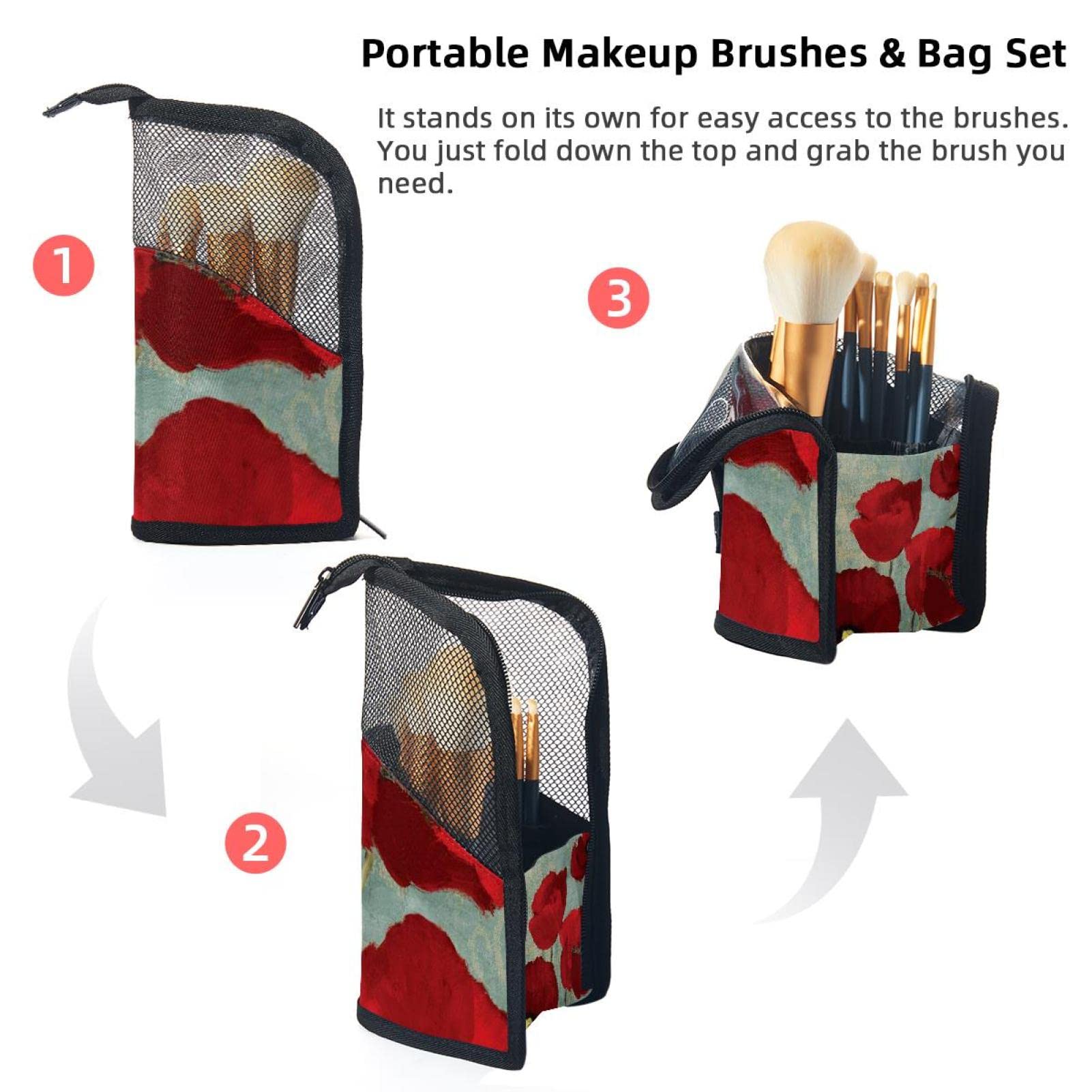 12-Piece Makeup Brush Organizer Bag with Red Spring Poppy Flower Design - Portable Makeup Brush Holder Case for Travel & Home Storage