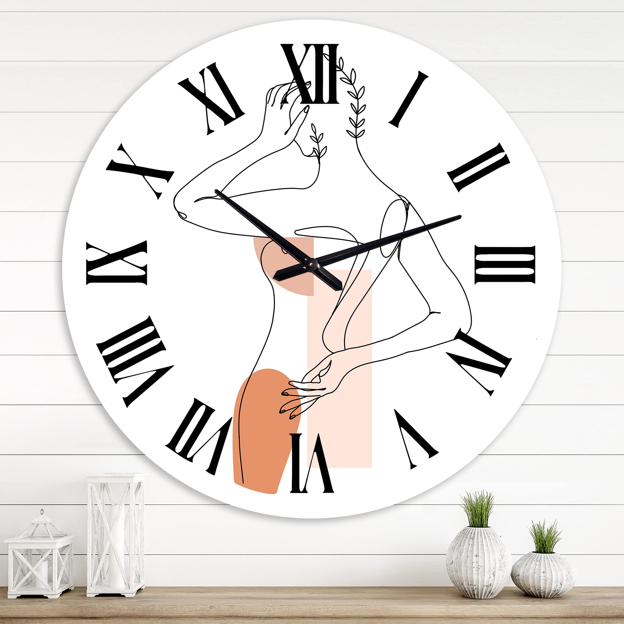 DesignQ Modern Wall Clock - One Line Woman Portrait with Leaves & Shapes II - Large Contemporary Wall Art for Living Room, Bedroom & Office Decor - Perfect for Home, Apartment & Workspace