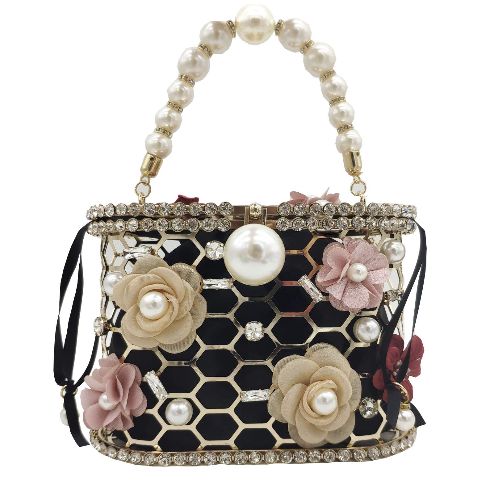 Elegant Synthetic Pearl Top-Handle Women's Metal Bucket Bag with Crystal Accents - Formal Evening Clutch Purse for Wedding, Party & Special Occasions