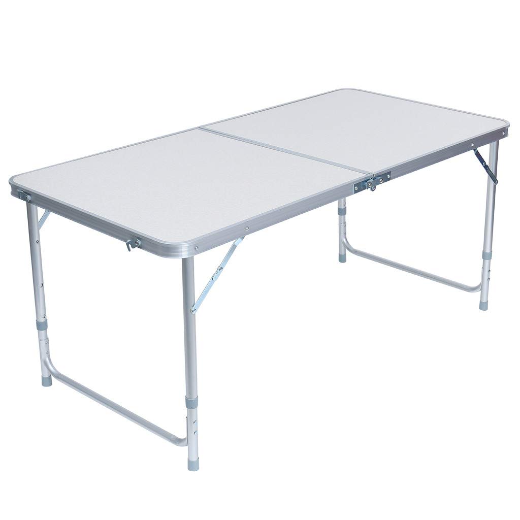 GONGting 4 Foot Aluminum Folding Table with 4 Metal Stools - Adjustable Height Portable Camping Table and Chairs Set, Lightweight & Sturdy for Outdoor Picnics, BBQs, Beach Parties, and Tailgating (Center Folding Design, No Umbrella Hole)