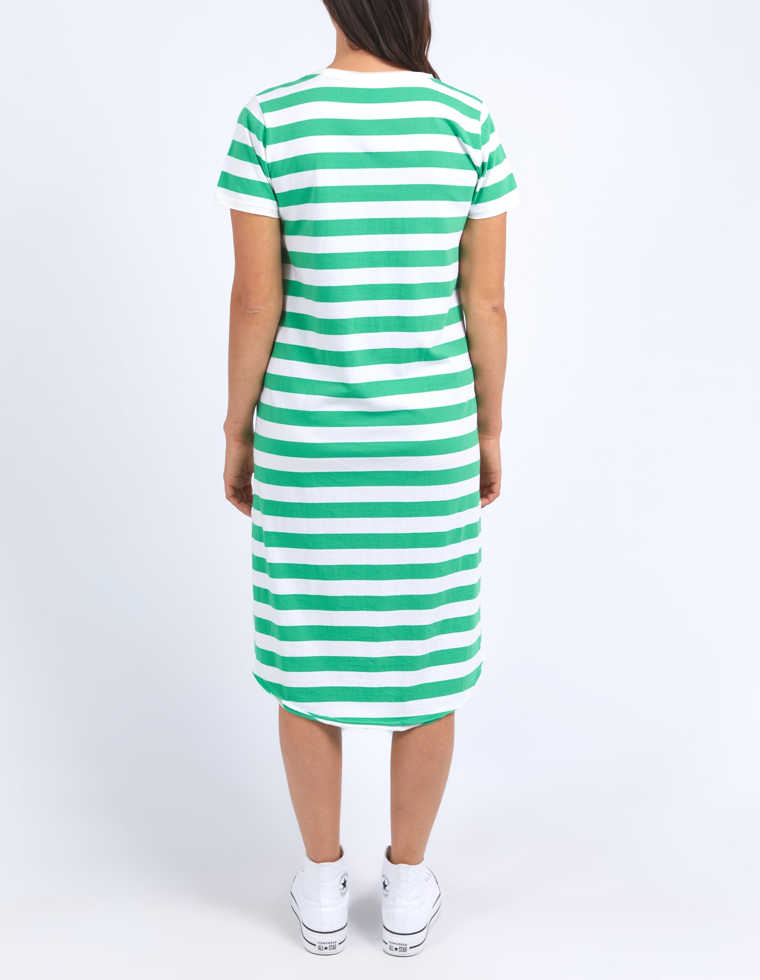 Elm Maeve Midi Dress - Greenbriar & White Stripe Floral Print, Casual Summer Dress for Women, Perfect for Beach, Brunch, and Date Nights