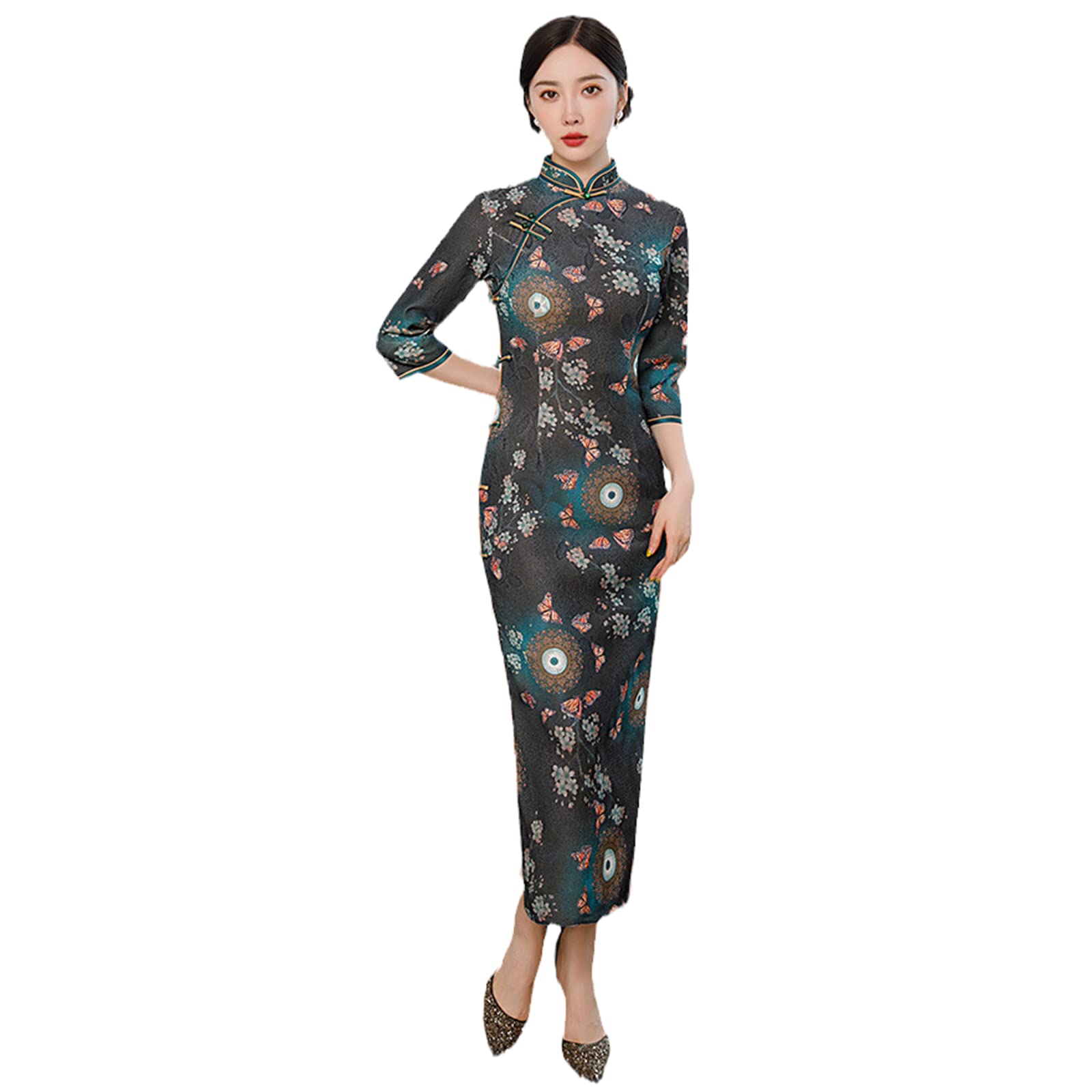 Elegant Women's Chinese Cheongsam Dress with 3/4 Sleeve Floral Print - Vintage Qipao Dress for Autumn & Special Occasions | Perfect for Weddings, Parties, and Cultural Events