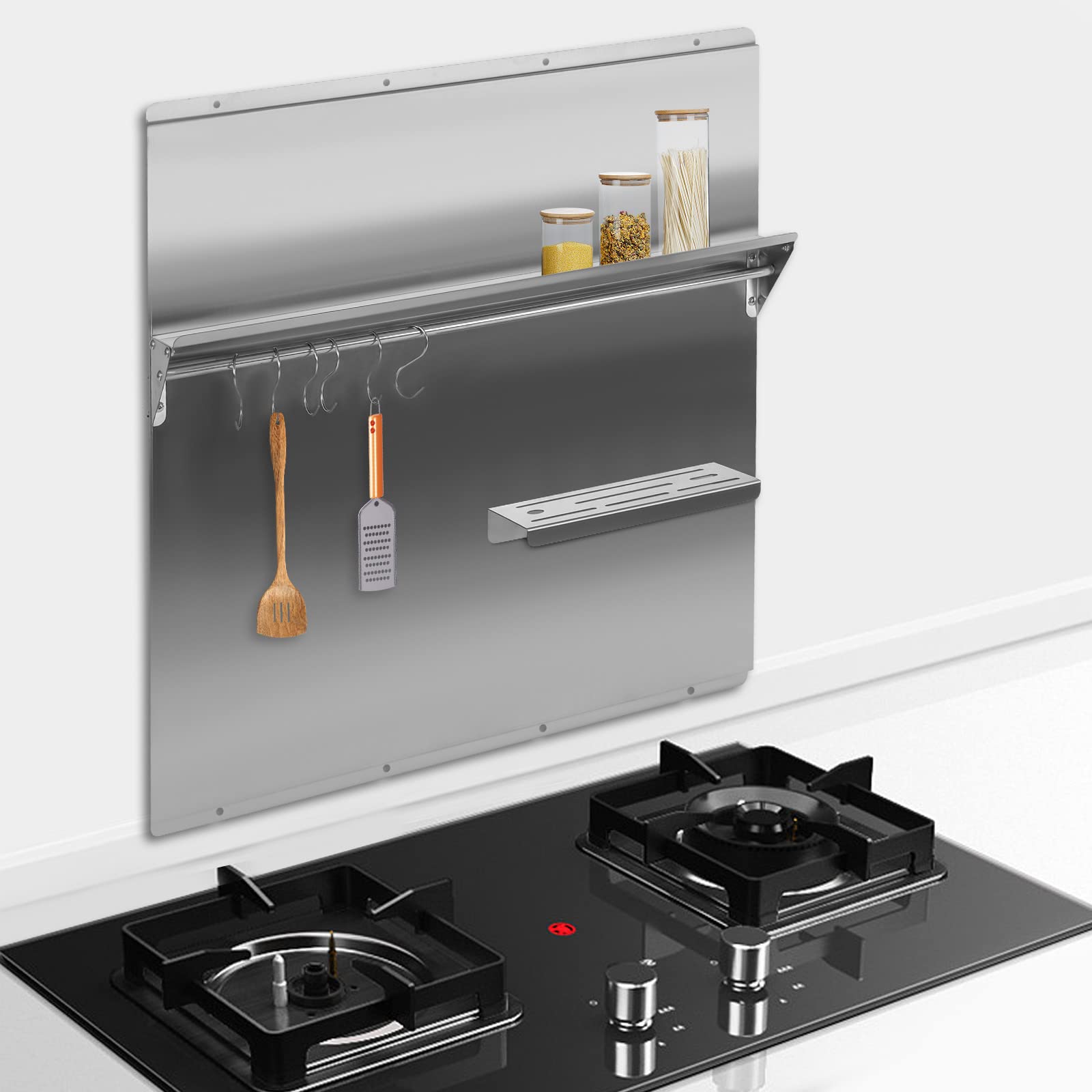 Stainless Steel Range Backsplash with Shelf & Hanging Rack - 30x30.7 Inch Kitchen Backsplash Splash Plate for Range Hood Wall Protection - Perfect for Modern Kitchens, Cooking Areas & Home Renovations
