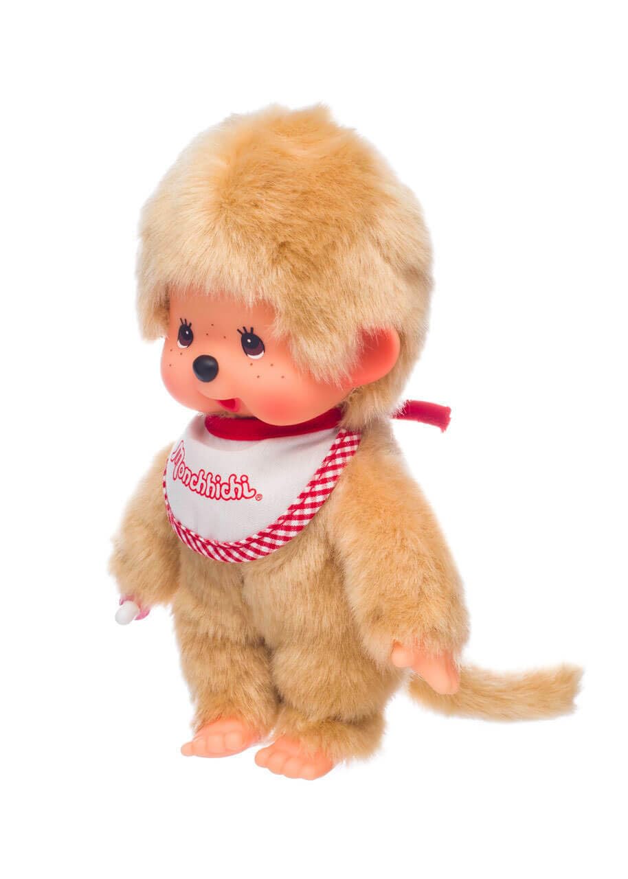 Monchhichi Sekiguchi Beige Plush Toy Boy with Bib - Red & White Outfit | Cute Collectible Doll for Kids, Gift for Baby Showers & Nursery Decor