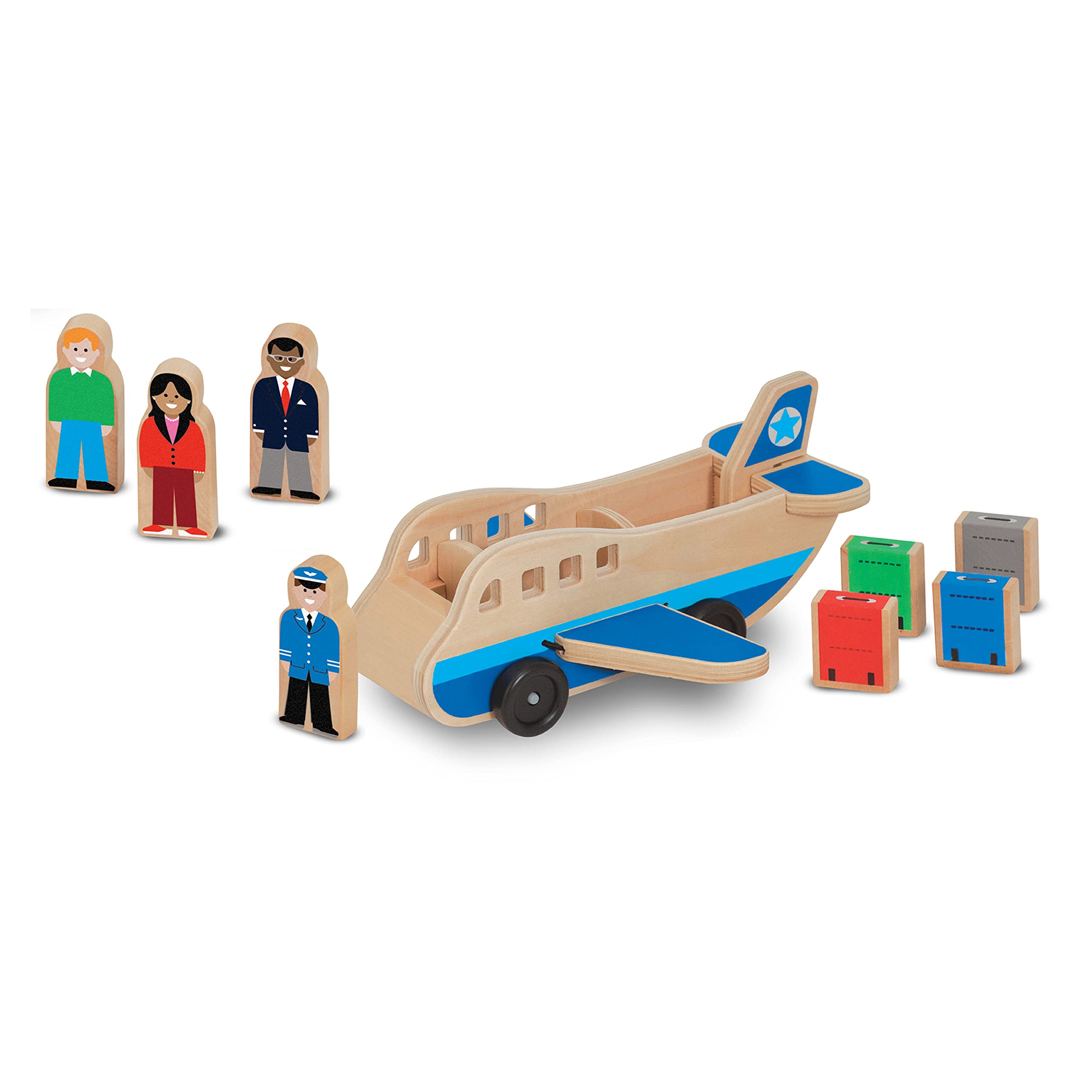 Melissa & Doug Wooden Airplane Play Set with 4 Figures & 4 Suitcases - Pretend Play Toy for Kids, Travel Adventure Role Play for Preschoolers & Toddlers