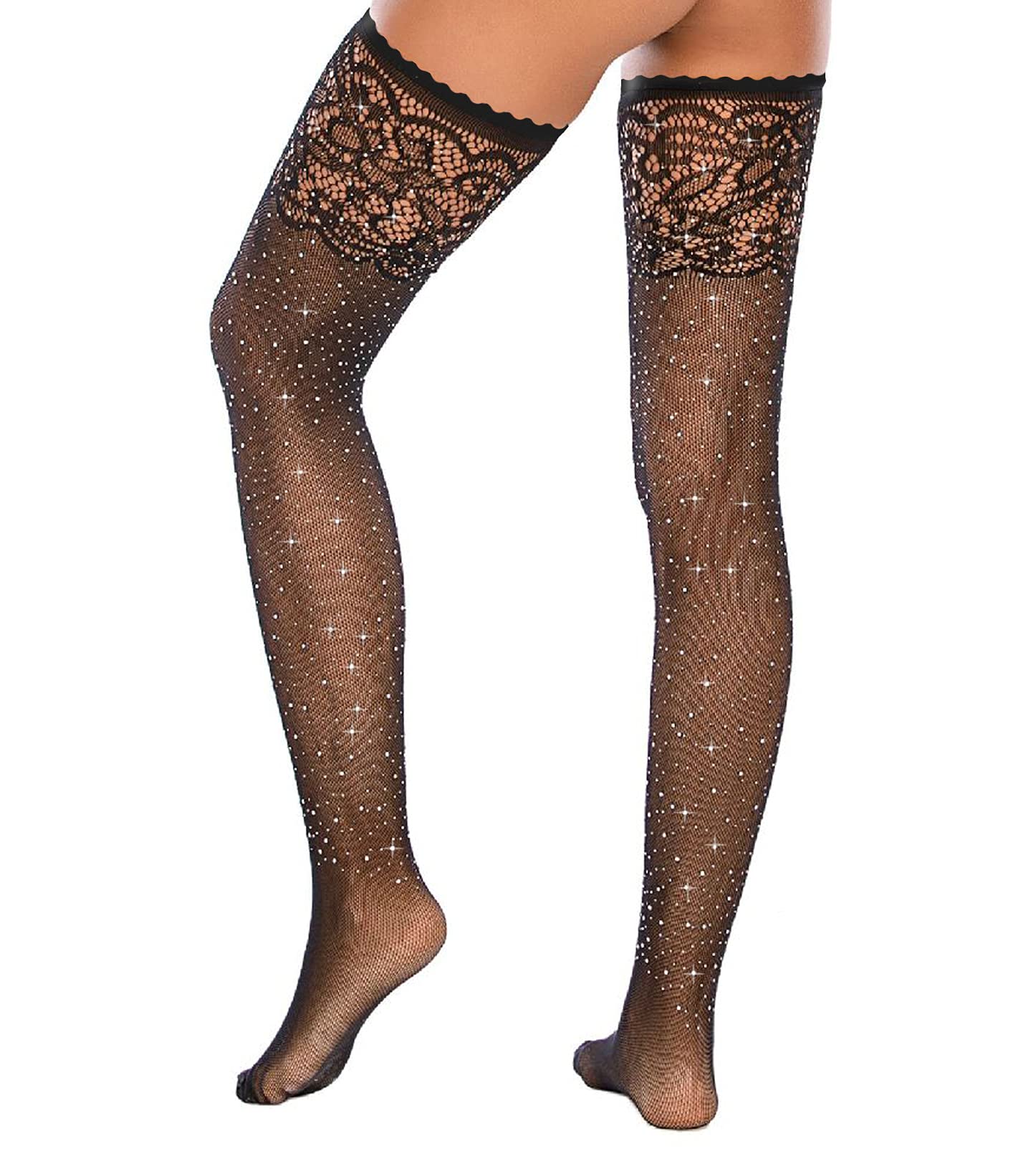 Sparkle Rhinestone Thigh High Stockings for Women - Sexy Glitter Crystal Fishnet Stockings in Black | Perfect for Parties, Cosplay & Night Out