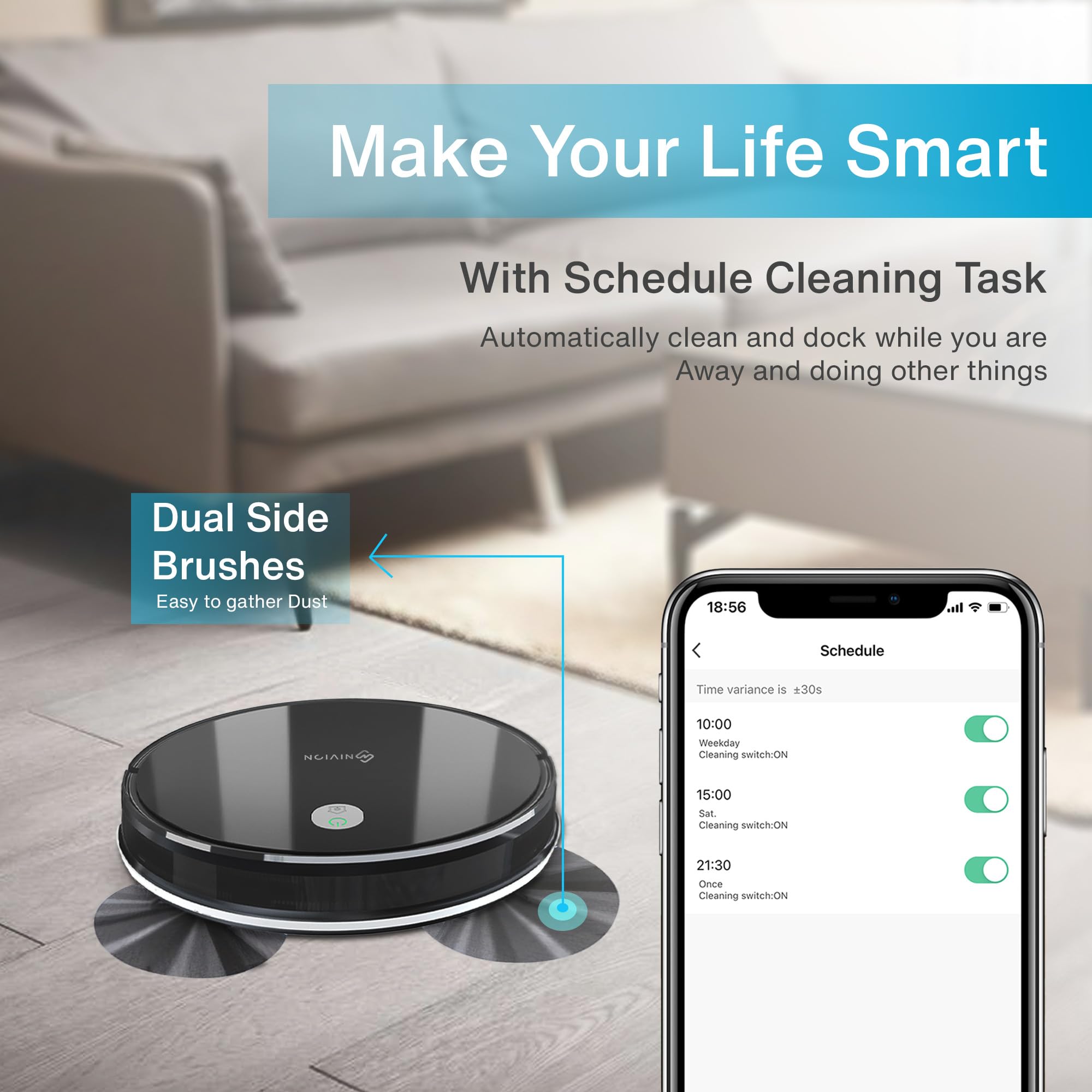 Smart Robot Vacuum Cleaner with Powerful Cyclone Suction - Auto Scheduled Cleaning, Pet Hair & Hard Floor Friendly - Perfect for Home, Office & Pet Owners