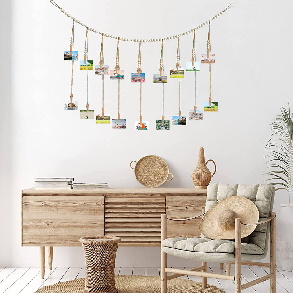 Wooden Beads Photo Display - Natural Wood Photo Clips for Hanging Pictures, DIY Wall Decor, Nursery & Home Decoration - Perfect for Baby Showers, Weddings and Memory Walls