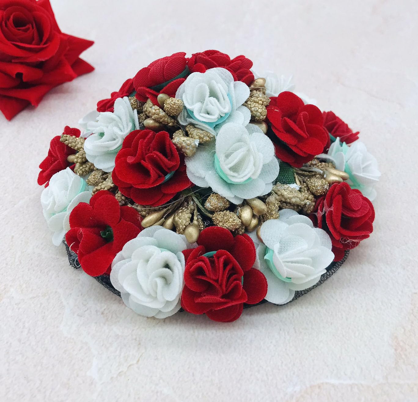 Gadinfashion™ Bridal Hair Juda/Gajra - White & Red Floral Hair Accessories for Women & Girls (Pack of 1) - Perfect for Weddings, Parties & Indian Traditional Events