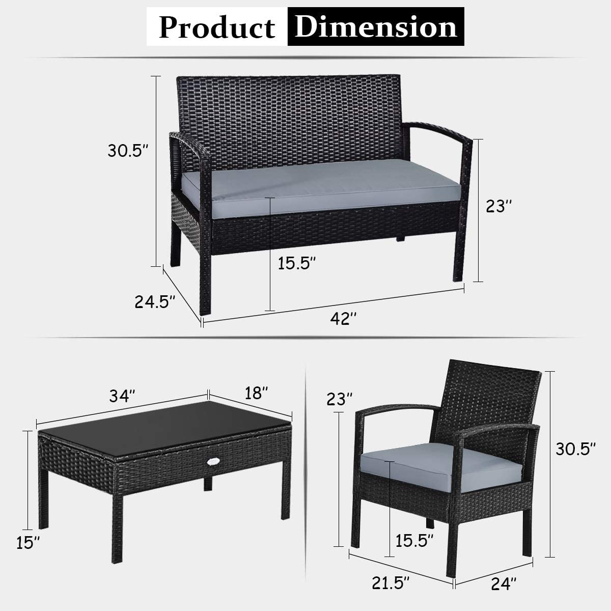 Hysache 4-Piece Outdoor Patio Rattan Conversation Set with Coffee Table & Padded Cushions - Wicker Furniture for Garden, Lawn, Courtyard, Balcony - Perfect for Relaxing, Entertaining & Outdoor Dining