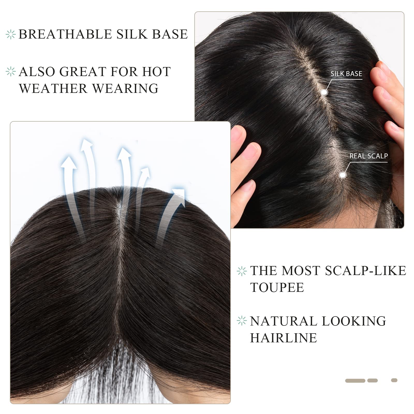 Premium Human Hair Toppers for Women - Clip in Hair Pieces with 130% Density & 3