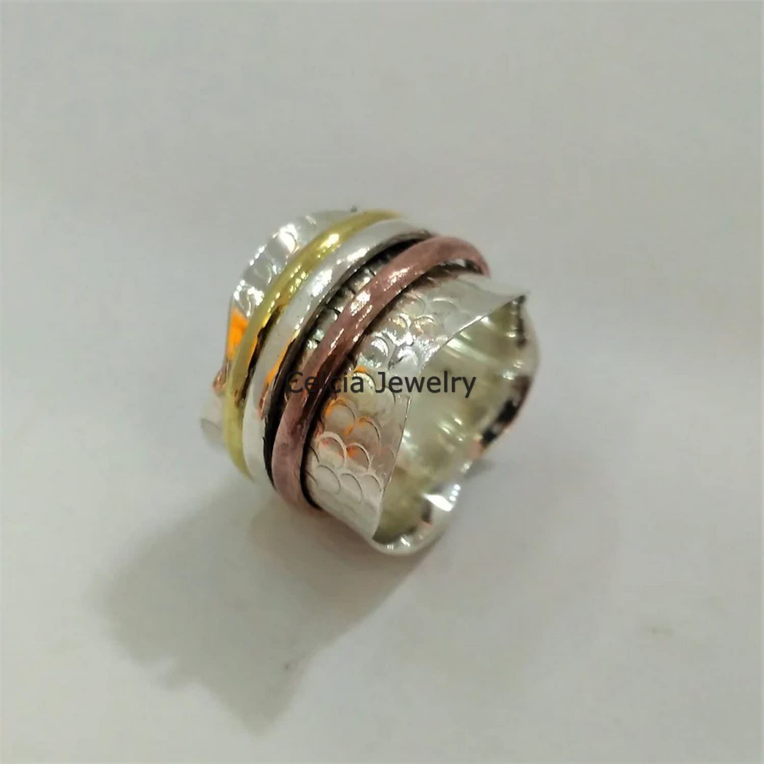 925 Sterling Silver Spinning Band Ring for Anxiety Relief - Unisex Fidget Ring for Meditation & Stress Relief - Three-Tone Spinner Worry Ring - Perfect Mothers Day Gift (Size 7) - Ideal for Office, Travel & Daily Relaxation