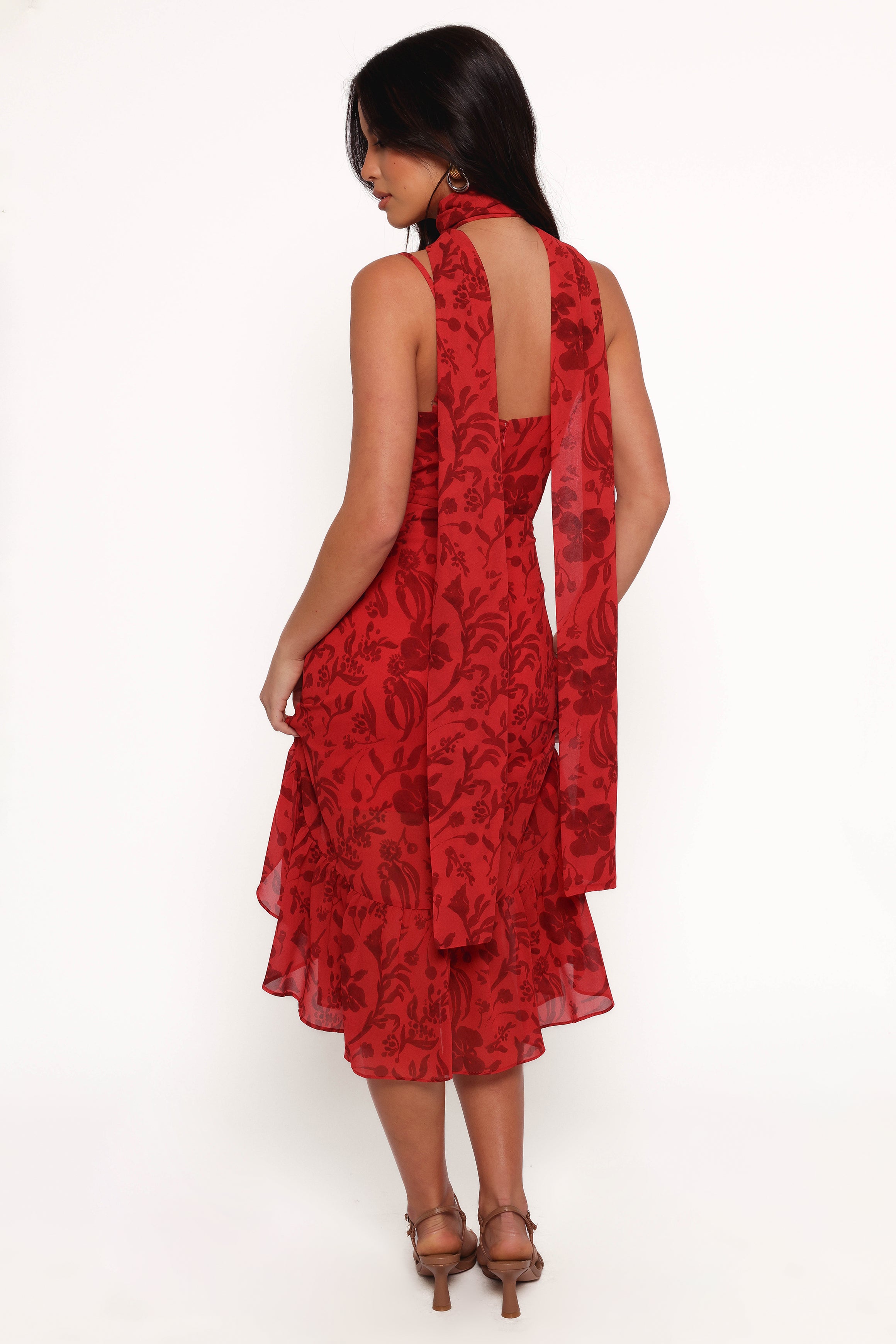 Francesca Women's Midi Dress - Red Floral Print Summer Casual Dress for Beach, Party & Date Night | Elegant A-Line Flowy Dress with Short Sleeves