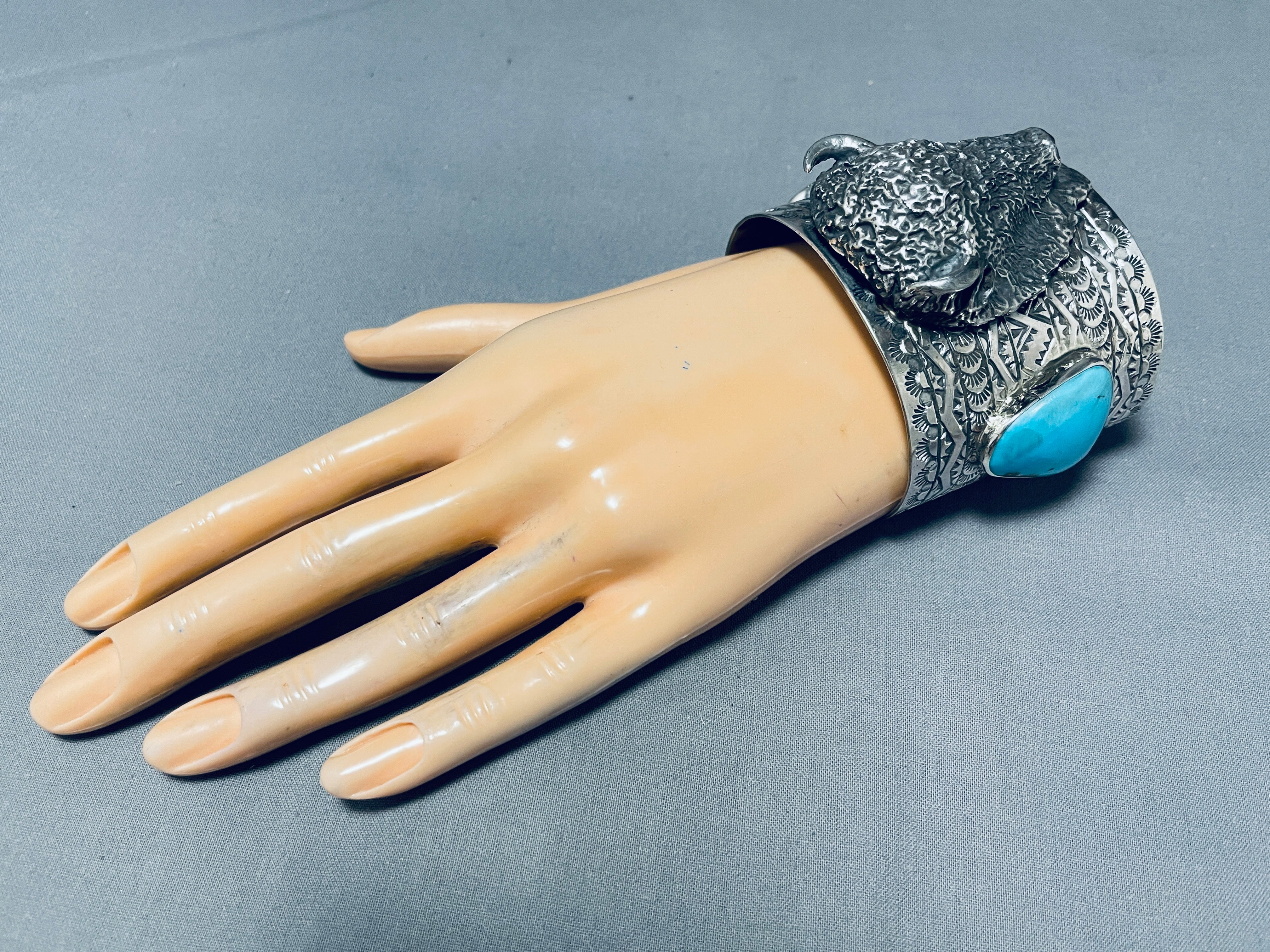 Authentic Navajo Turquoise Sterling Silver Bracelet with Buffalo Head - 133 Grams - Handmade Native American Jewelry for Women - Perfect for Boho, Western & Festival Fashion