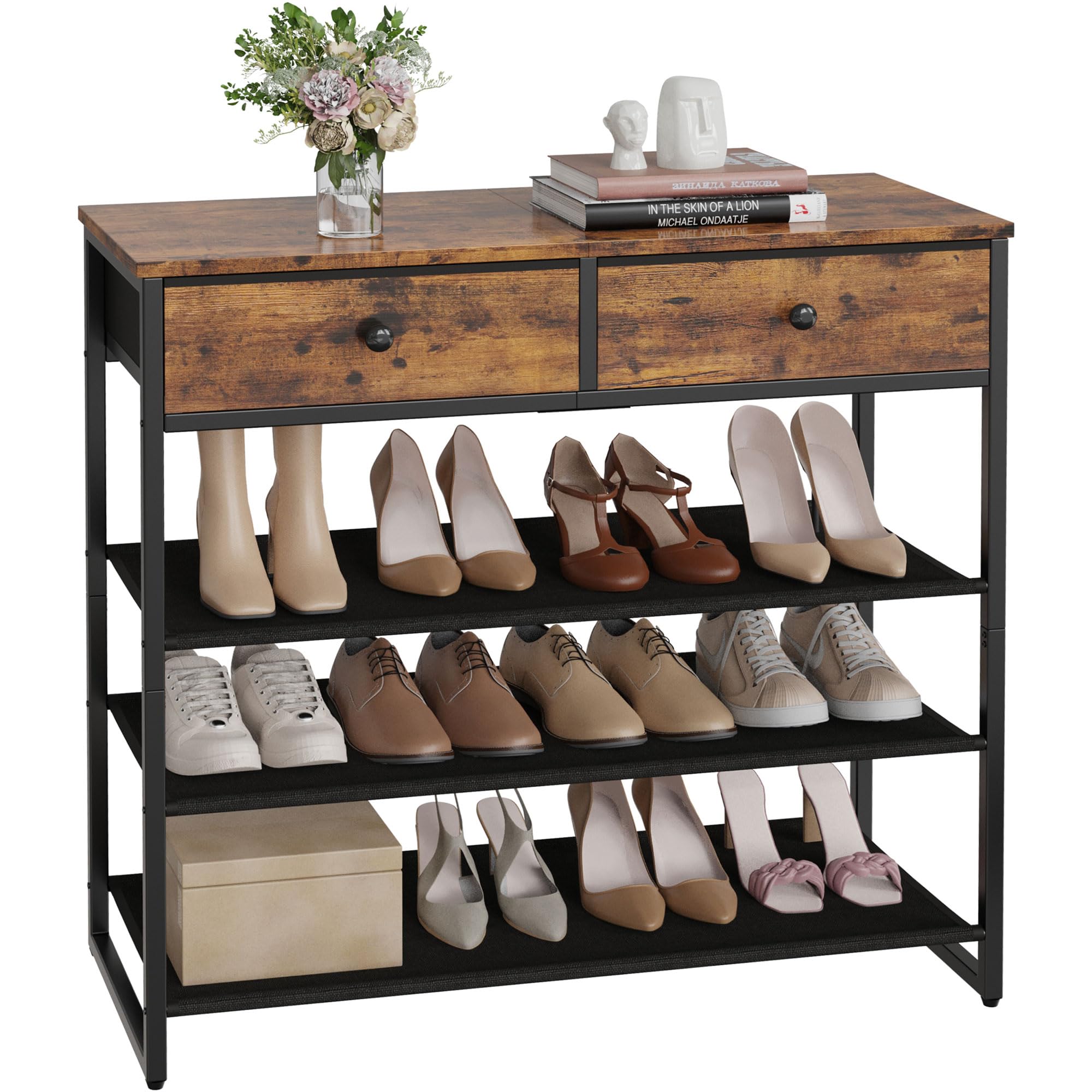 4-Tier Shoe Rack Organizer with 2 Drawers & Wooden Top - Holds 12-16 Pairs of Shoes - Rustic Brown Metal Shoe Storage Shelf with Oxford Fabric Shelves - Perfect for Closet, Entryway, Bedroom & Mudroom Organization