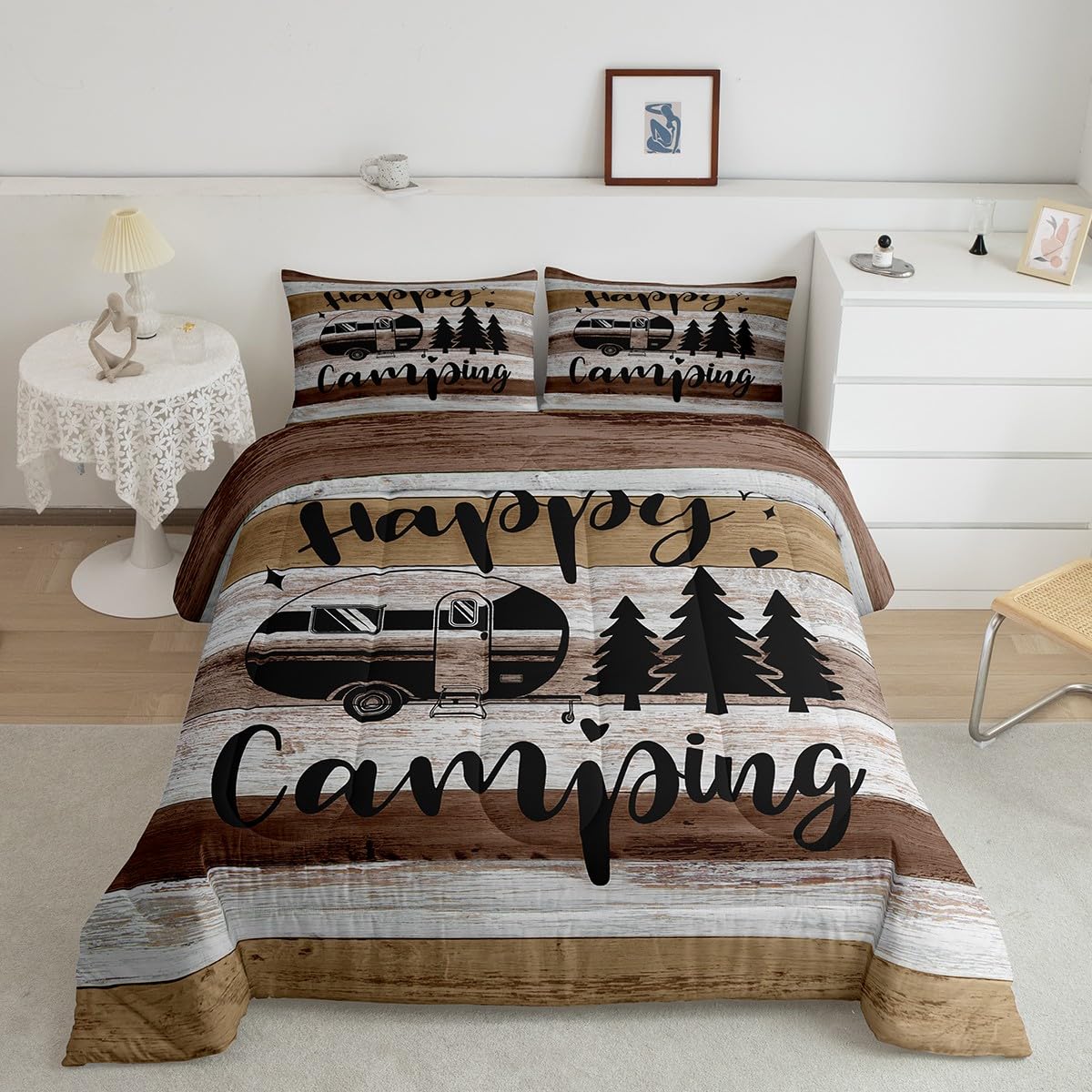 **Boys Happy Camping Comforter Set - Queen Size Western Farm Vintage Bedding for Kids & Teens - 3Pcs Quilt Set with Pillowcases - Perfect for Bedroom, Camper, or Dorm Decor**    **Usage Scenarios:** Ideal for kids' bedrooms, camping-themed rooms, RVs, dormitories, or as a cozy gift for young adventurers.