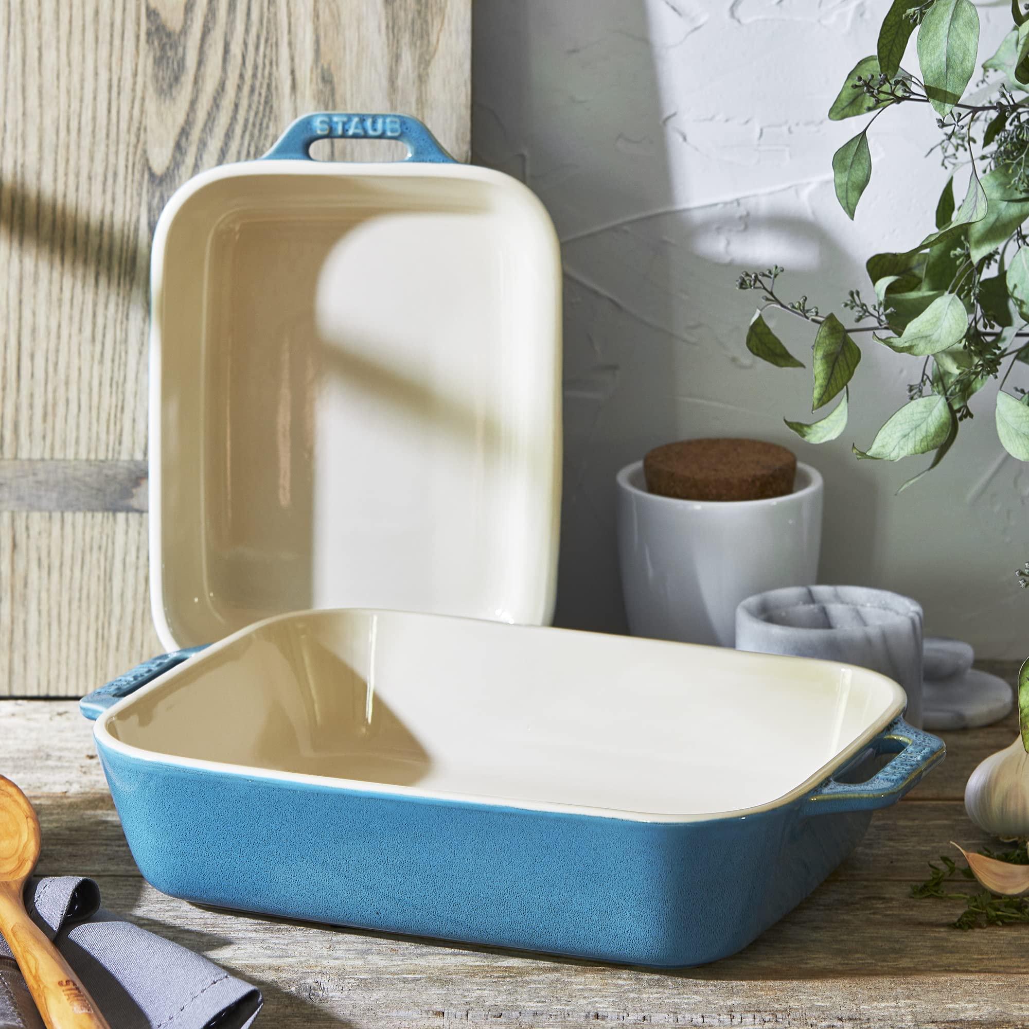 Staub 2-Piece Ceramic Rectangular Baking Dish Set - Rustic Turquoise Casserole Dish for Oven, Roasting & Serving | Perfect for Casseroles, Lasagna & Holiday Meals