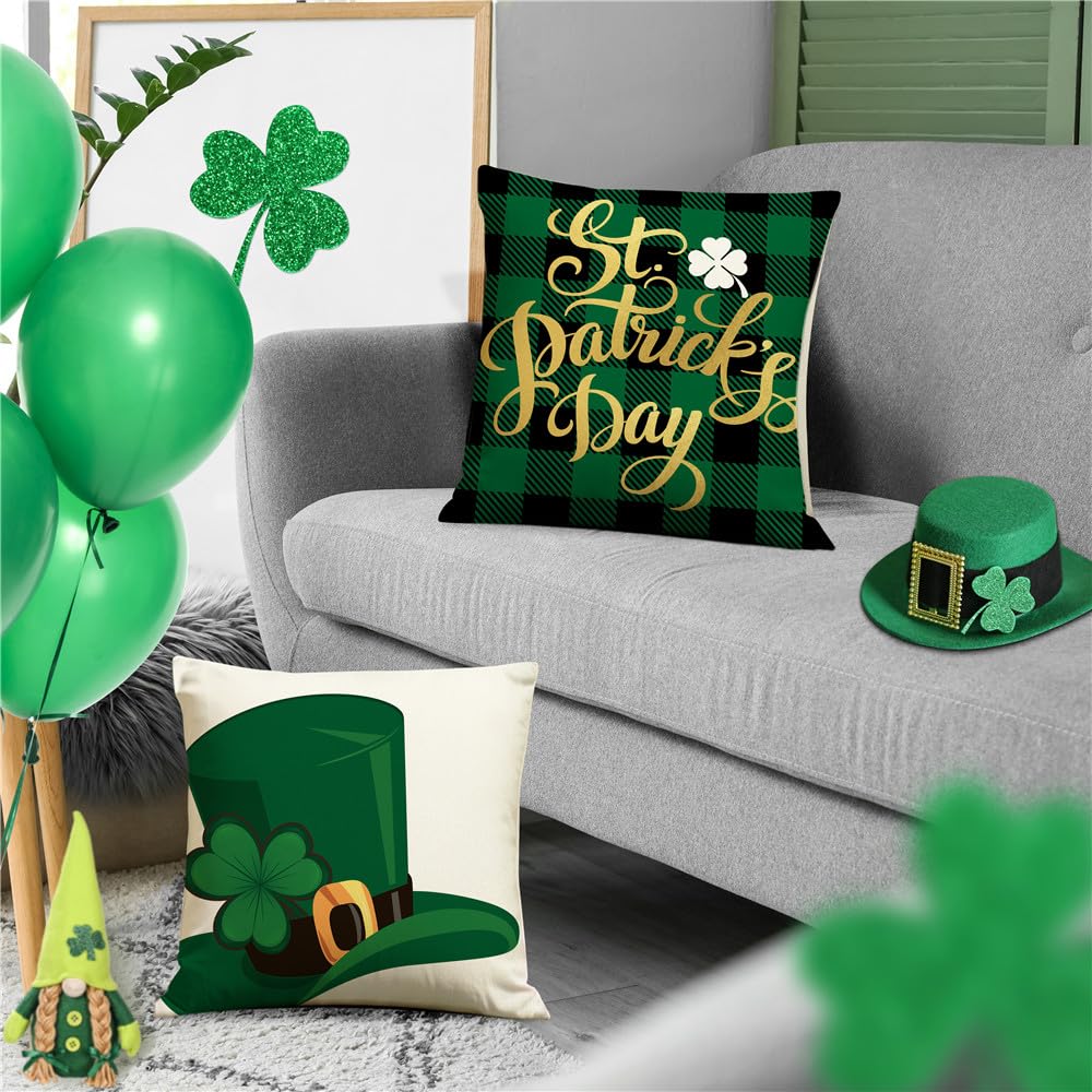 St. Patrick's Day Pillow Covers 18x18 Inch - 4 Pack Shamrock & Lucky Clover Throw Pillow Cases with Green Buffalo Plaid - Farmhouse Decor for Sofa, Couch, Bed - Perfect for Spring Home Decor & Irish Themed Parties
