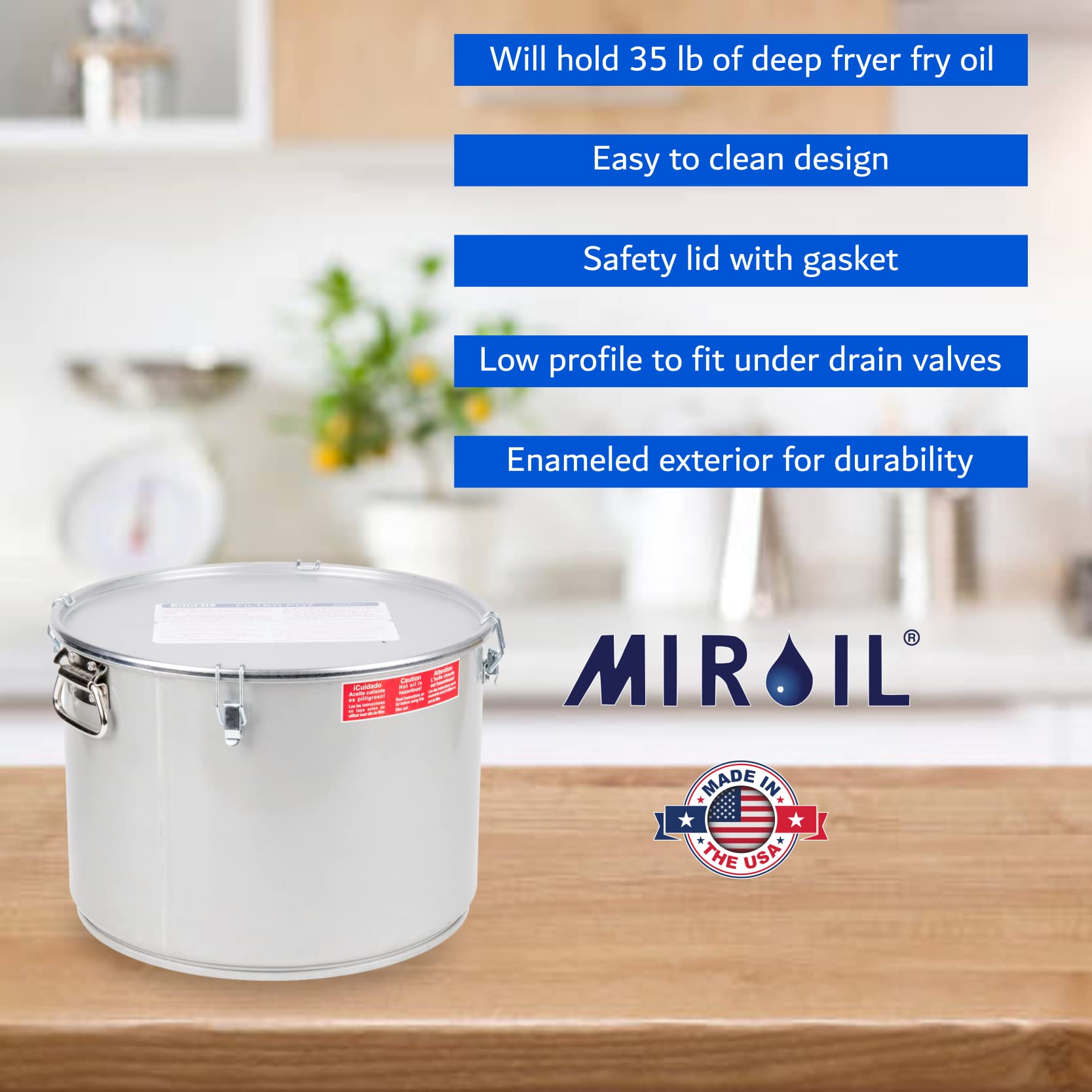 MirOil 7 Gallon Grease Bucket & Oil Filter Pot - Made in USA - Heavy Duty Commercial Deep Fryer Oil Filter System with Safety Lock Lid, 55 lbs Capacity - Low Profile Design Fits Under Drain Valves - Perfect for Restaurants, Food Trucks & Commercial Kitchens