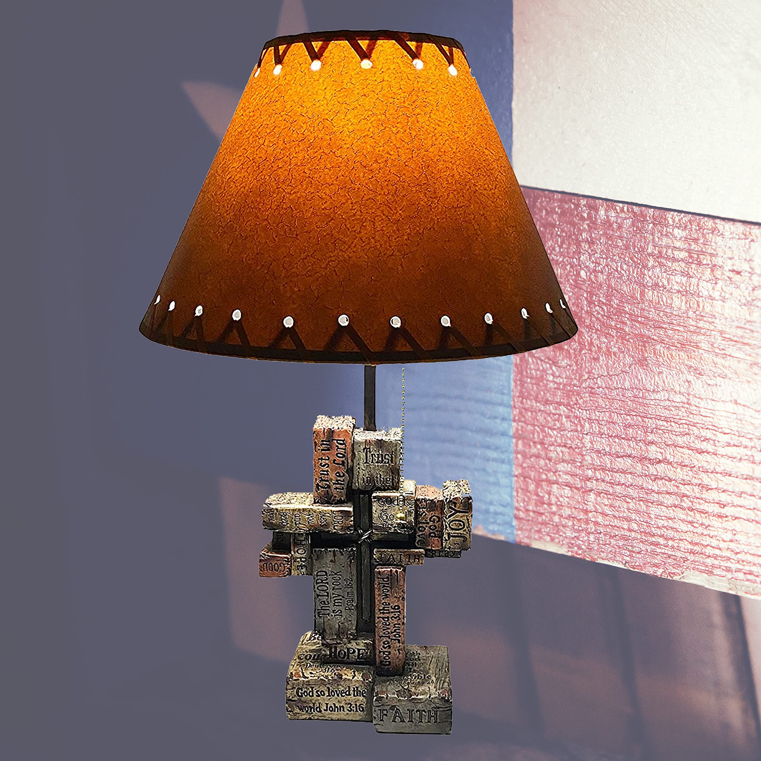 Western Cowboy Religious Faith Cross Table Lamp - Verses Love End Table Standing Lamp for Bedroom, Living Room & Office Decor | Rustic Nightstand Lighting for Home & Workspace