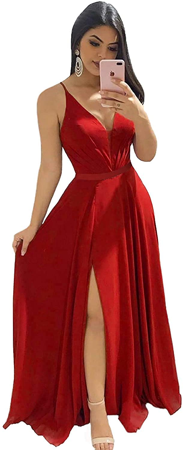 Elegant V-Neck Chiffon Bridesmaid Dress for Women - Long Formal Evening Gown with Slit | Perfect for Prom, Weddings & Special Occasions