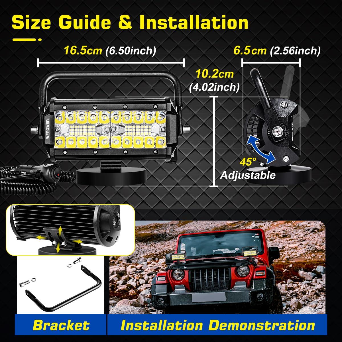 WFPOWER 48W Magnetic LED Work Light Bar - Combo Beam Light Pod with Magnetic Base, Portable Flood & Spot Light for Camping, Car, SUV, Boat, Truck, Driving & Fog Lights - Perfect for Off-Road Adventures, Emergency Repairs & Nighttime Work