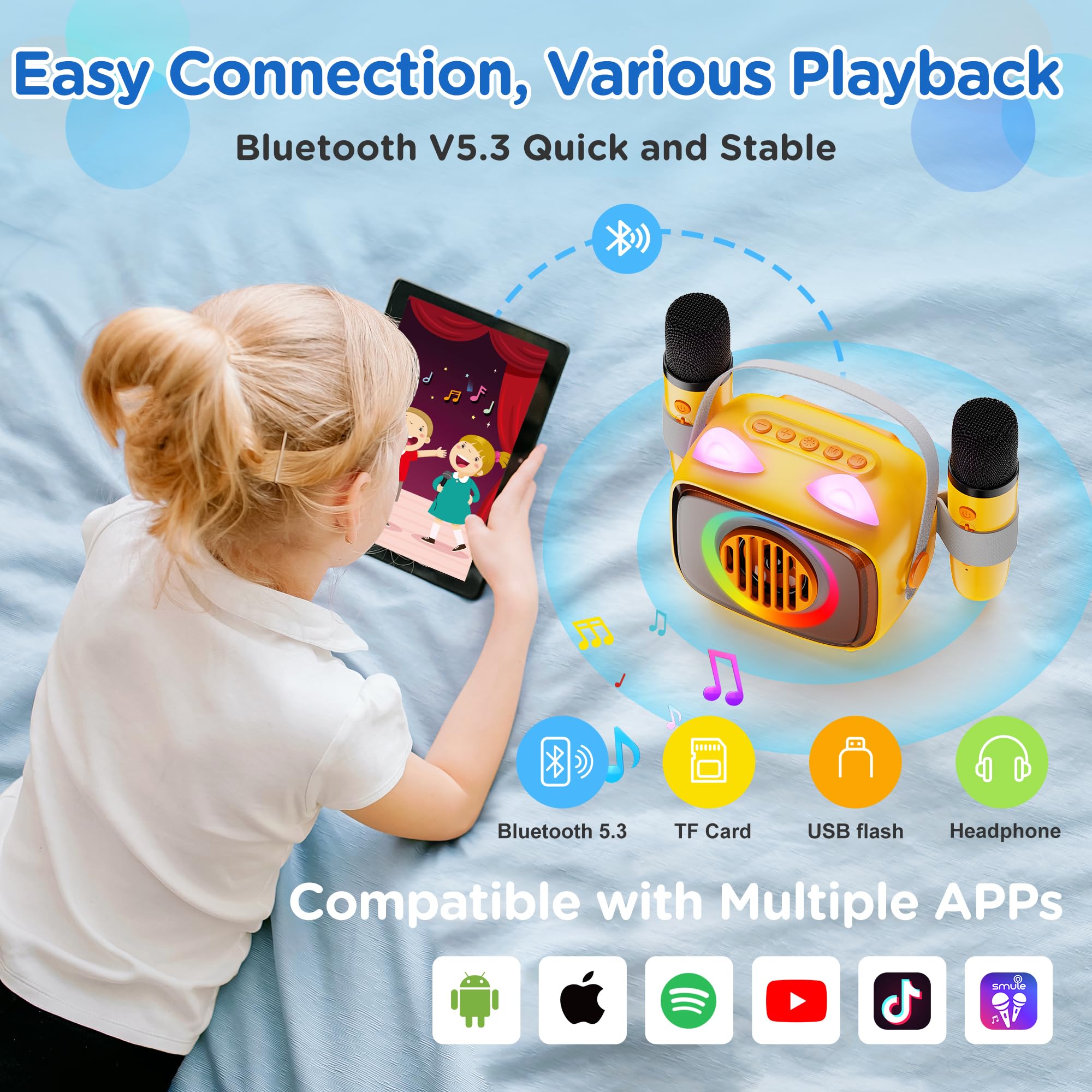 BIGASUO Portable Bluetooth Karaoke Machine for Kids with 2 Wireless Microphones & LED Lights - Mini Speaker for Home Parties, Birthday Gifts for Girls & Boys | Perfect for Singing, Dancing & Family Entertainment