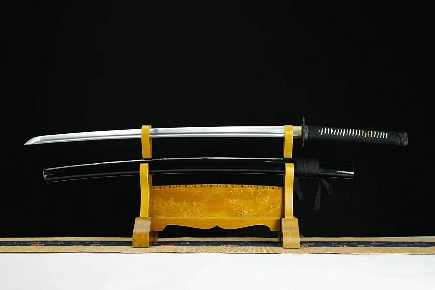 Authentic Hand Forged Japanese Katana Sword - Medium Carbon Steel Blade with Black Alloy Saya - Full Tang Samurai Sword for Kendo, Martial Arts Training & Collectors Display