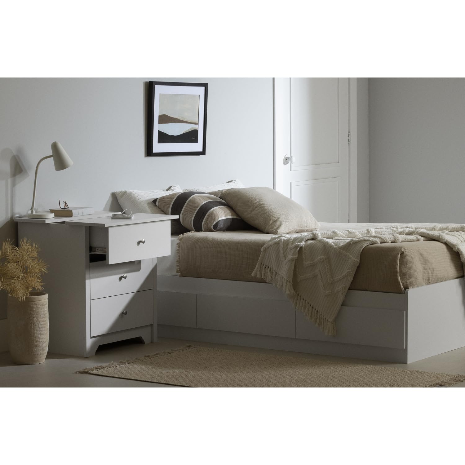 South Shore Vito Nightstand with 2 Drawers & USB Charging Station - Modern Bedside Table for Bedroom, Pure White - Perfect for Small Spaces & Phone Charging