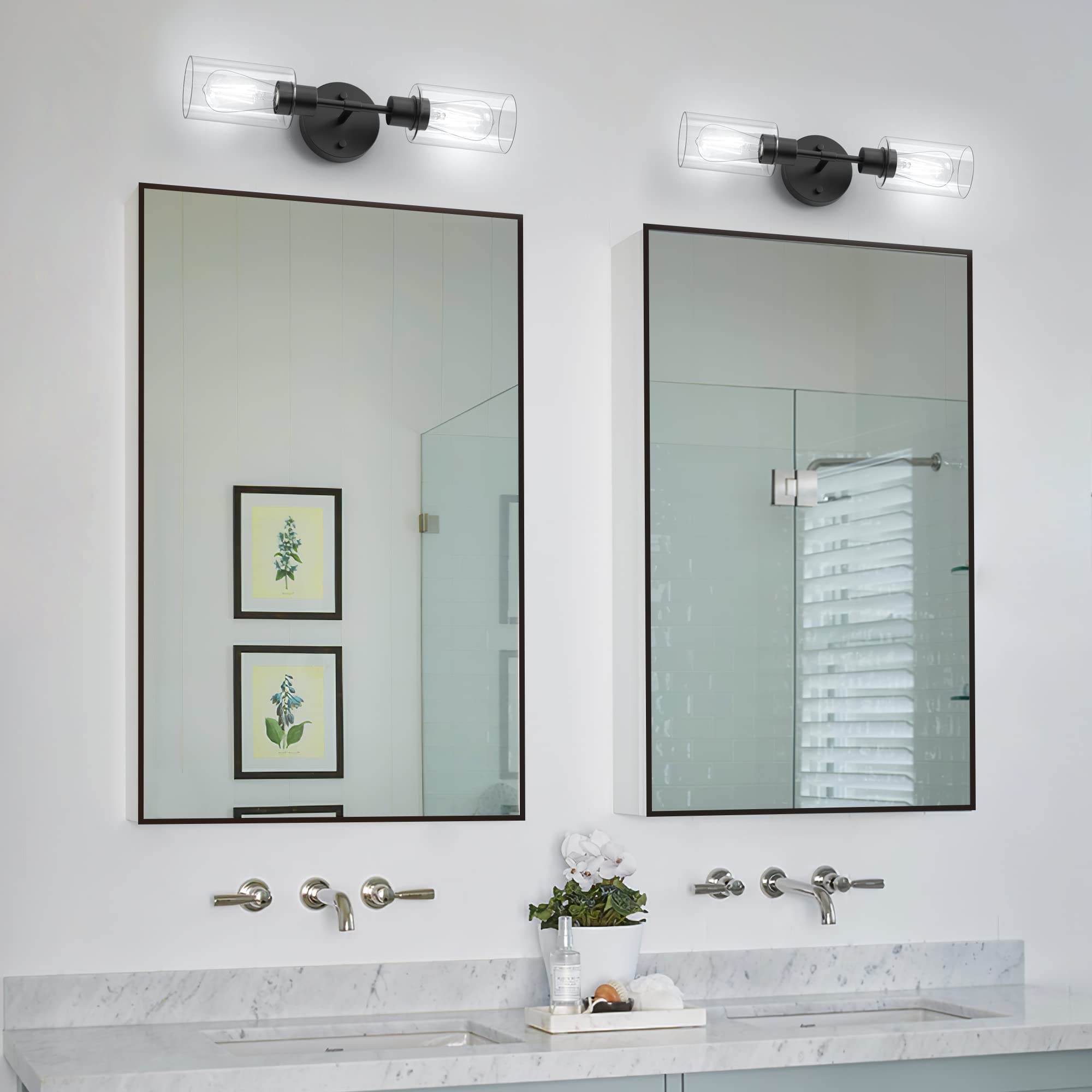 Espird Black Bathroom Vanity Lights - 2 Light Wall Sconce with Clear Glass Shades, Farmhouse Matte Black Finish, Modern Over Mirror Lighting for Bathroom, Bedroom, or Dressing Room