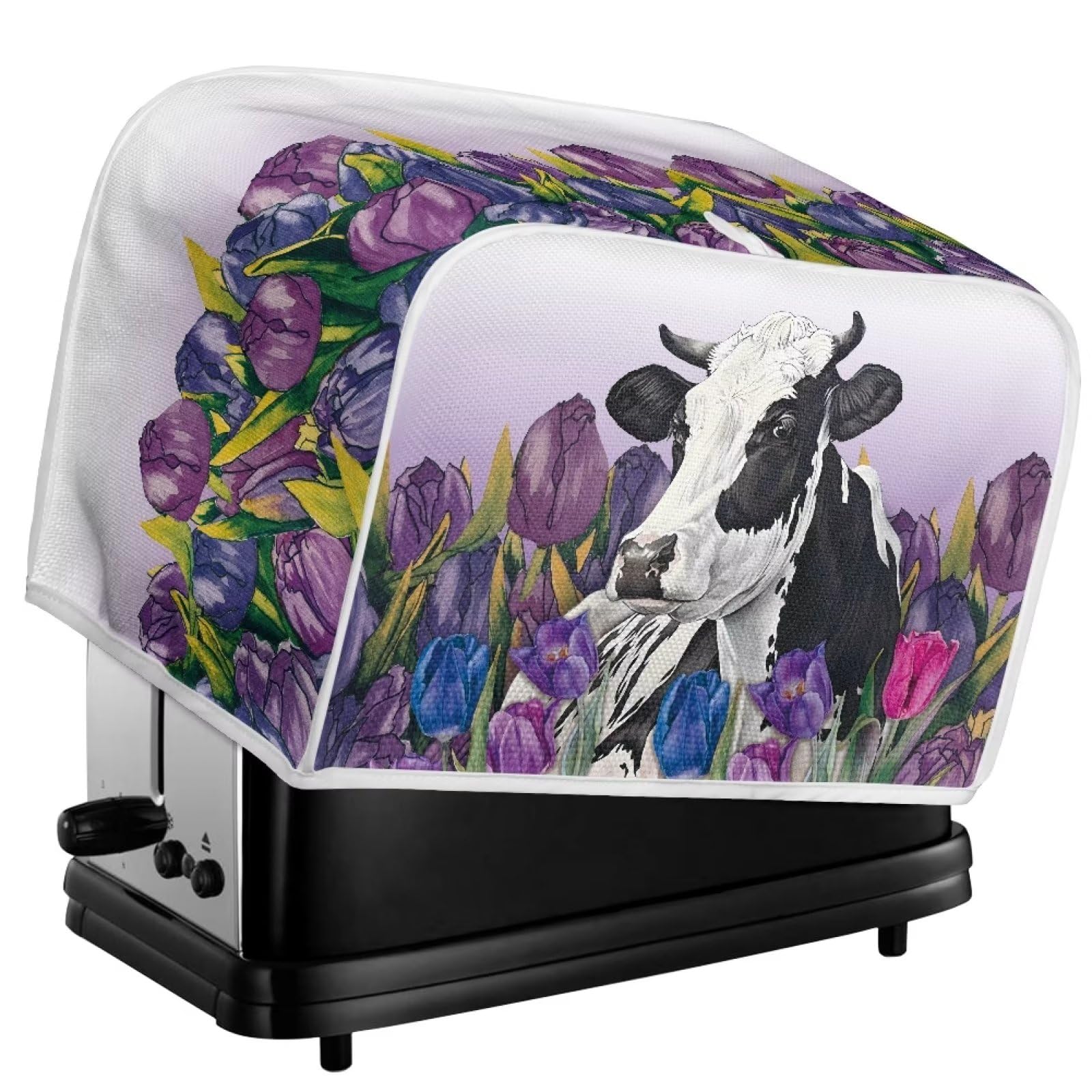 Tulip Cow Print Toaster Cover - 2 Slice Wide Slot Kitchen Appliance Protector - Durable Bread Maker Cover with Zipper - Fingerprint Resistant - Perfect Gift for Women - Ideal for Modern Kitchens, Breakfast Nooks & Home Decor