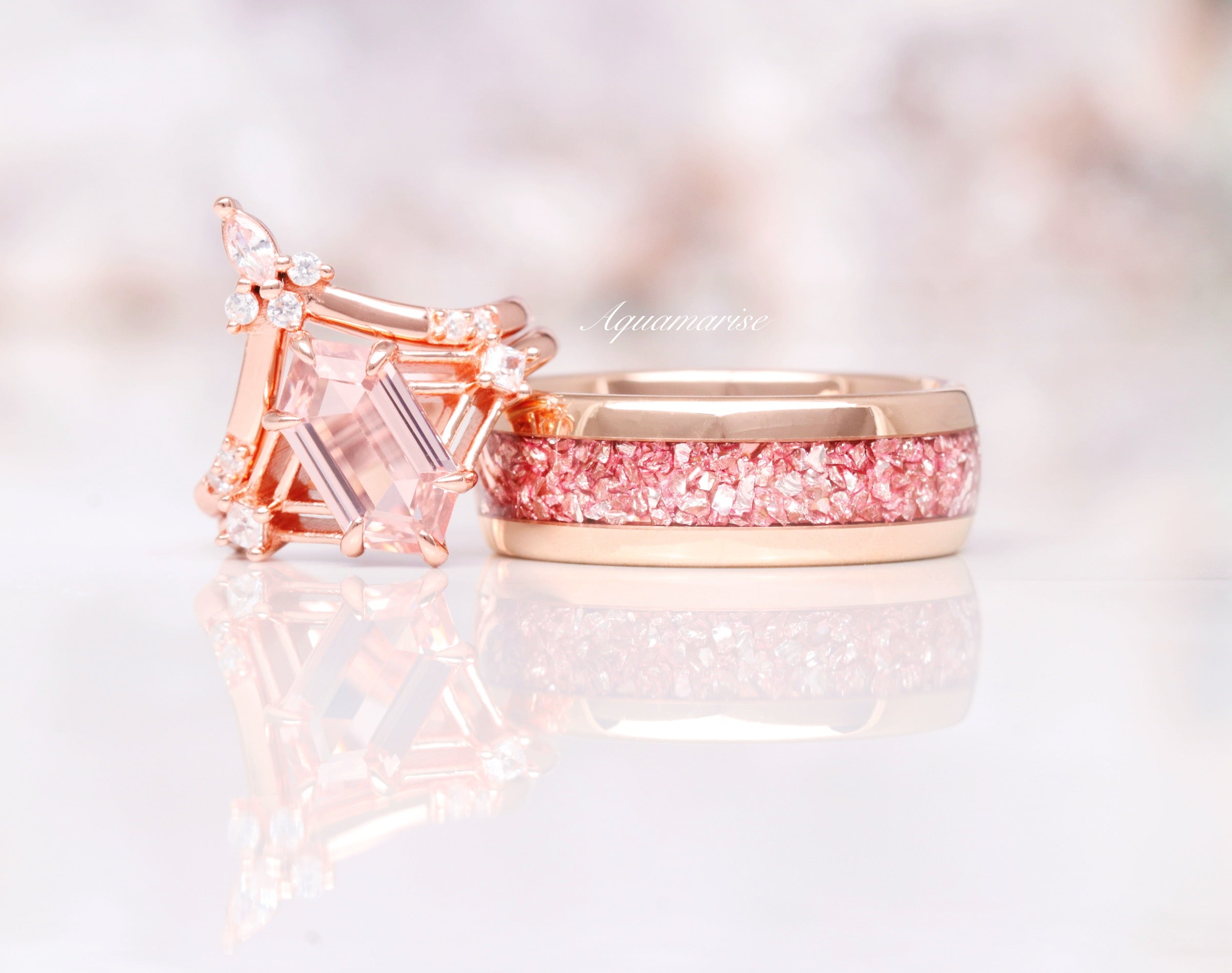 Celtic Hexagon Morganite Ring Set - 14K Rose Gold Vermeil Engagement & Wedding Jewelry for Women - Perfect for Bridal, Anniversary & Romantic Gifts