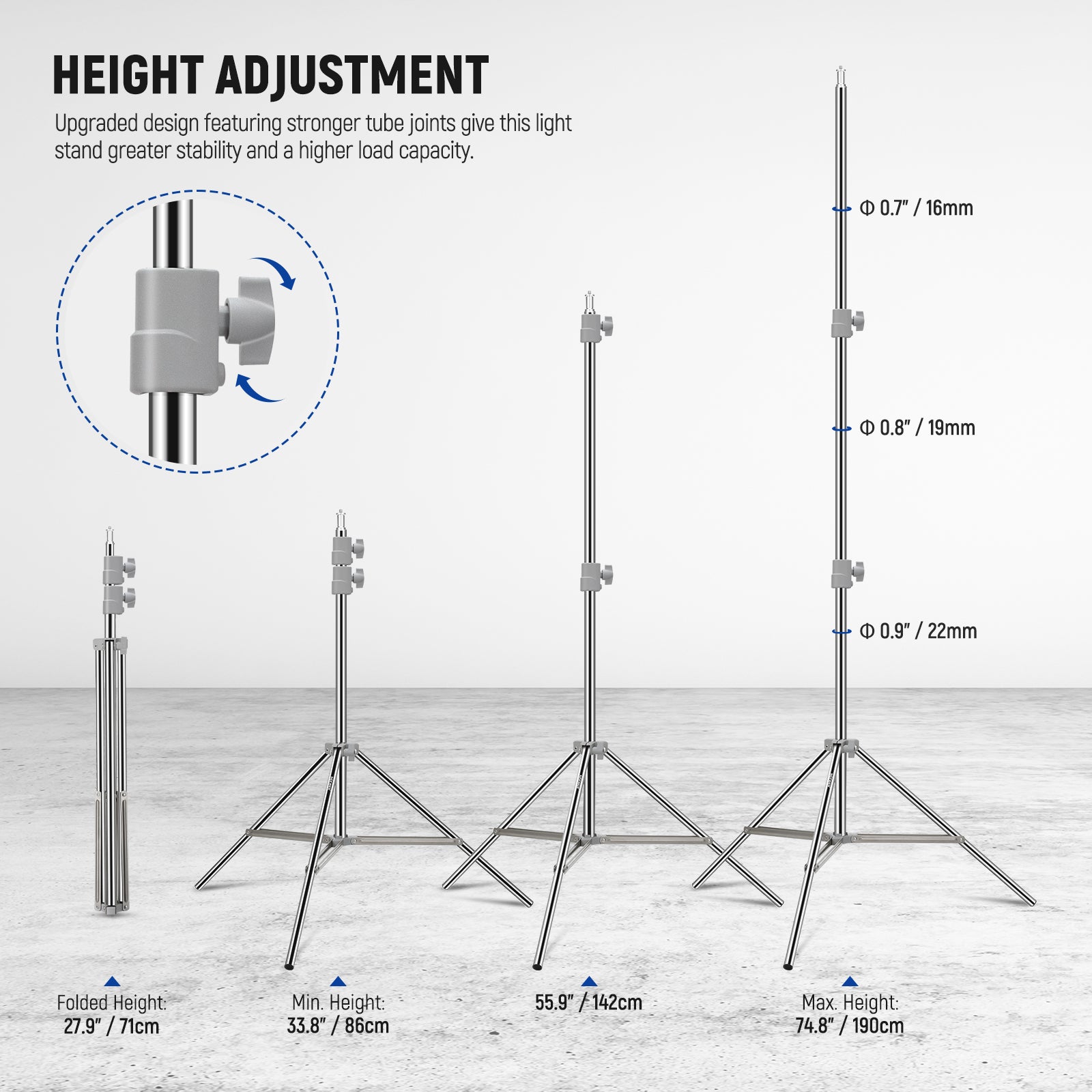 NEEWER ST 190SS Upgraded 190cm Heavy Duty Stainless Steel Light Stand for Photography, Video Studio, YouTube Content Creation - Professional Lighting Equipment for Indoor & Outdoor Shooting