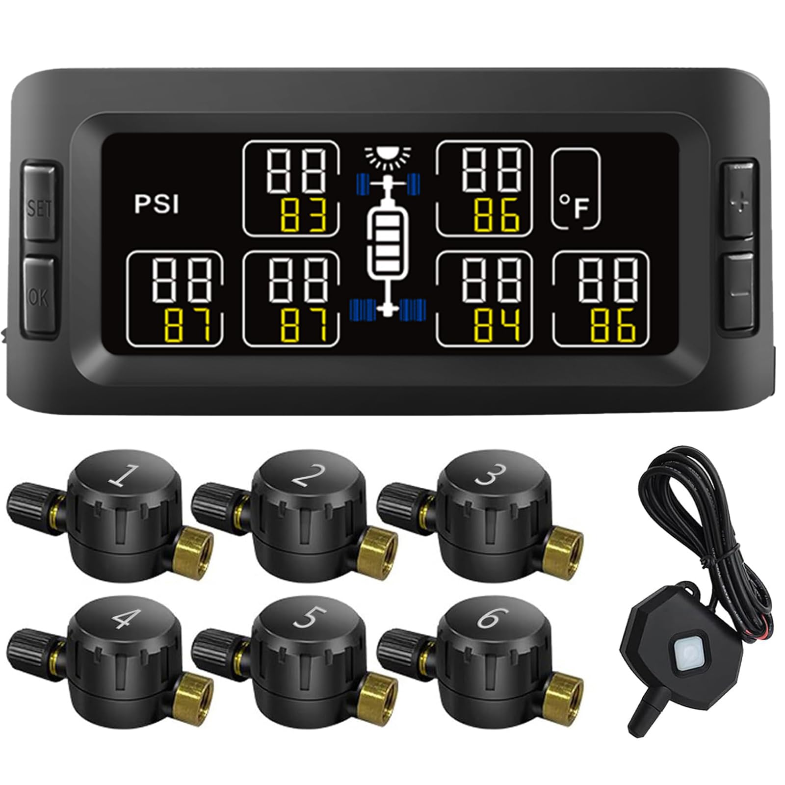 B-Qtech RV TPMS Solar Tire Pressure Monitoring System with 6 Flow Thru Sensors & Signal Repeater - Real-Time Pressure/Temperature Display, 7 Alarm Modes for RVs, Trailers, Buses, Motorhomes & Trucks - Perfect for Long-Distance Travel & Fleet Safety Monitoring