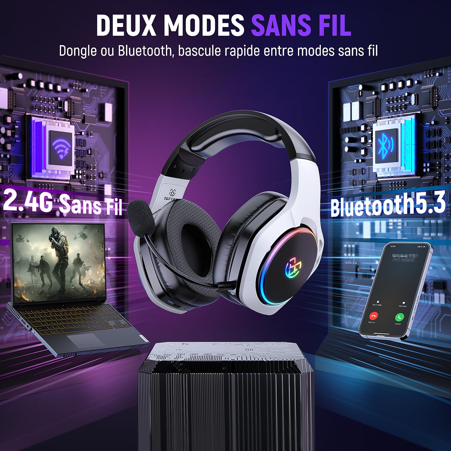 2.4GHz Wireless Gaming Headset with 40+ Hour Battery, Bluetooth 5.3 Headphones with 360° Adjustable ENC Mic - Compatible with PS5, PS4, PC, Nintendo Switch & Mobile Phones | Perfect for Competitive Gaming, Streaming & Online Meetings