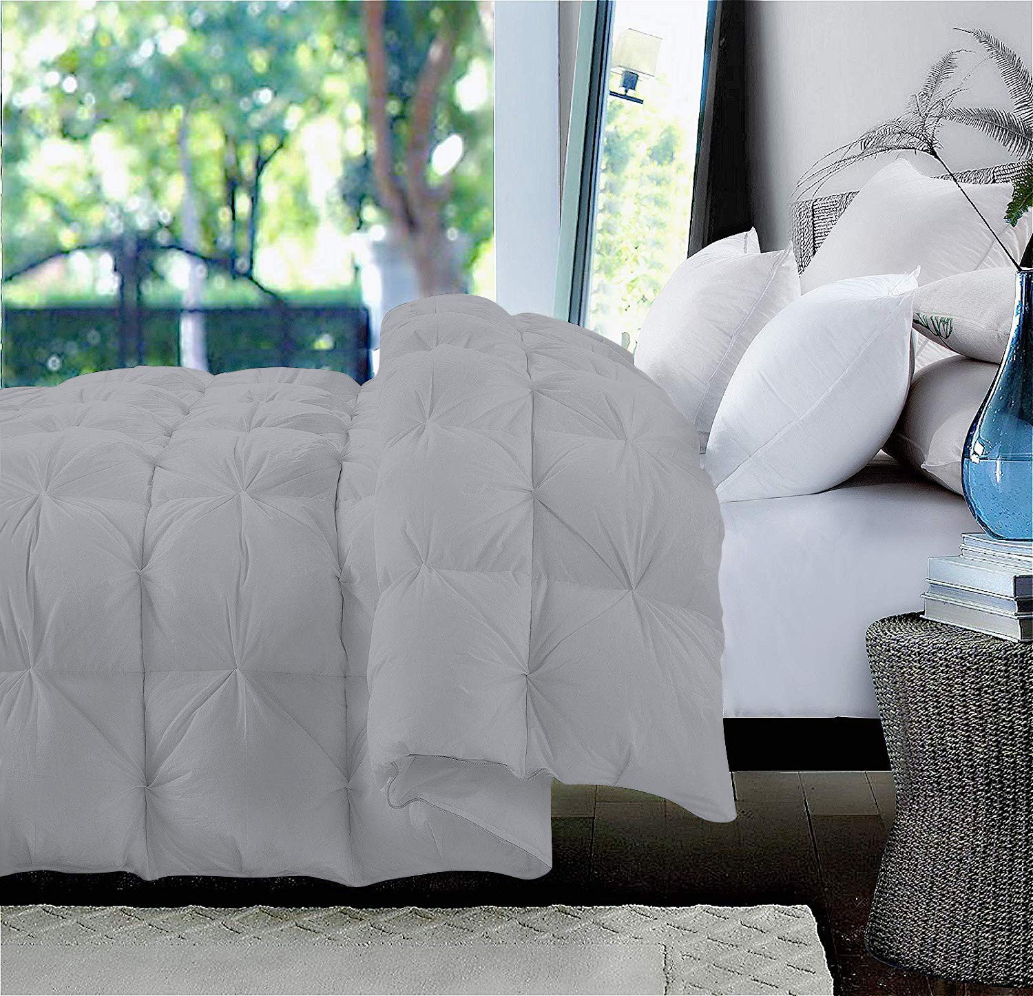 Premium 1000 Thread Count 100% Egyptian Cotton Half Pinch Pleated Comforter Set - Ultra Soft Oversized Super King Size in Silver | Luxury Bedding for Master Bedroom, Guest Room & Hotel Decor