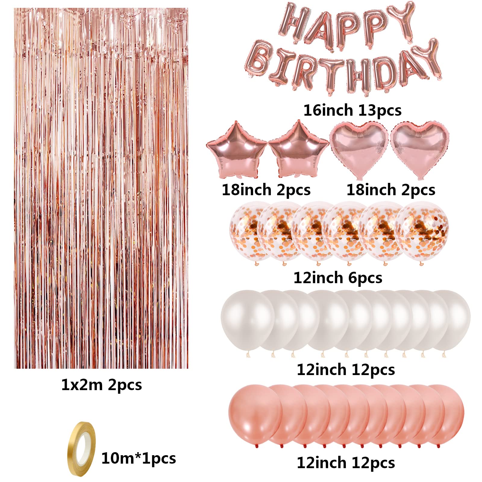 49-Piece Rose Gold Birthday Party Decorations Set - Balloons, Fringed Curtain & 16-Inch Happy Birthday Banner for Women's Birthday, Bridal Shower, Anniversary & Baby Shower Decor