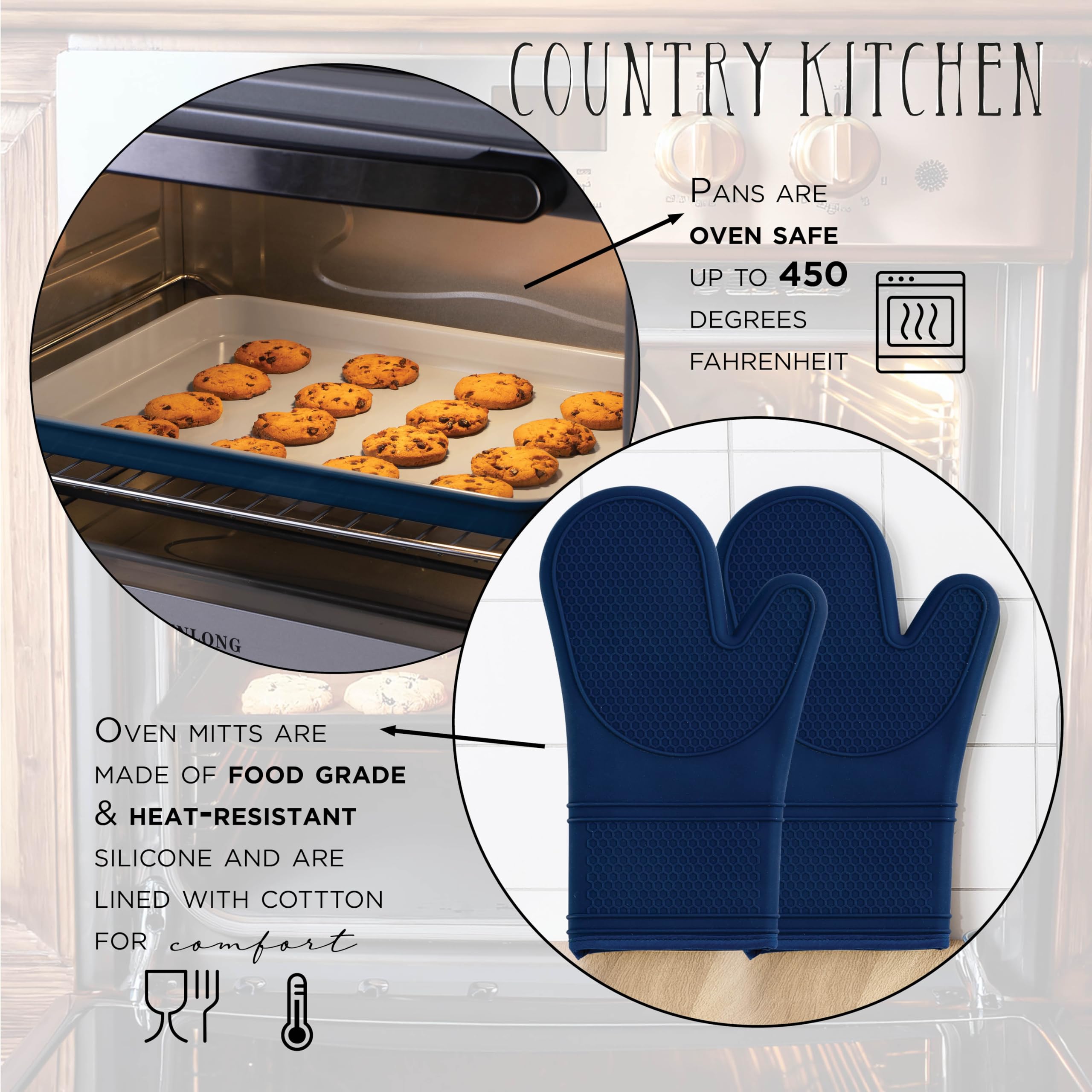 Nonstick Stackable Bakeware Set - 13-Piece Durable & Easy Release Country Kitchen Baking Pans in Denim Blue - Perfect for Cakes, Cookies, and Family Dinners