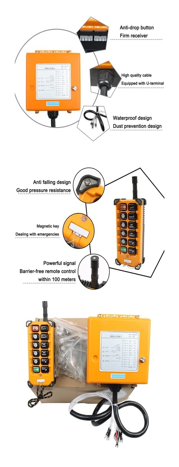 F23-BB Industrial Wireless Radio Remote Controller Switch - 1 Receiver + 1 Transmitter with Speed Control for Hoist & Crane (VHF 310-331MHz, AC 220V) - Perfect for Construction Sites, Warehouses, and Heavy Equipment Operations